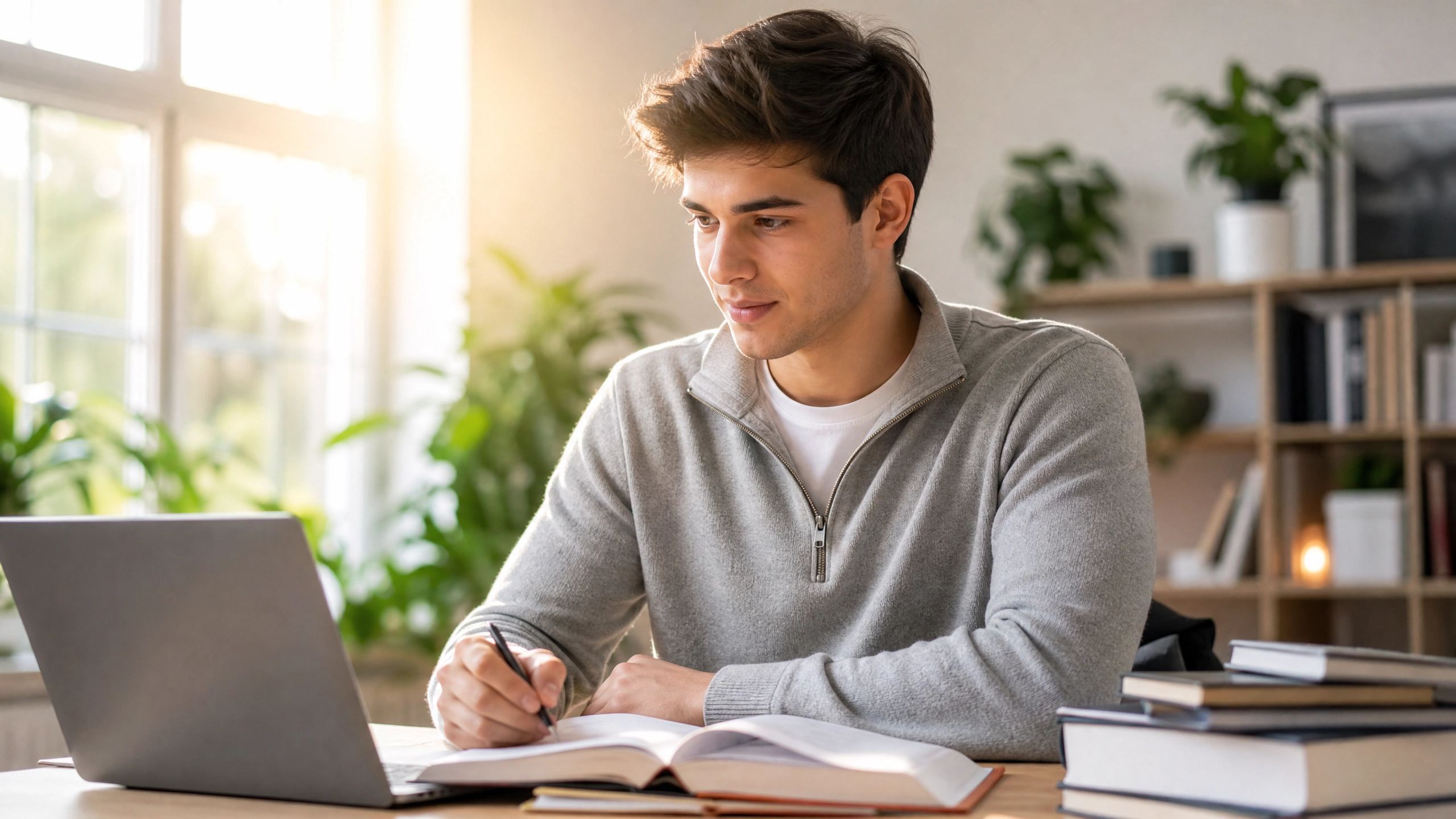 A young college student in their early 20s, sitting at a modern, clean desk with a laptop and textbooks. They look focused and energized, with a subtle glow representing mental clarity.