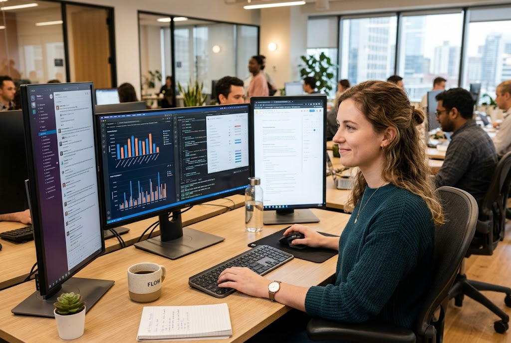 A young professional in their late 20s working in a modern office environment. They are in a 'flow state,' looking calm and productive while handling multiple screens.