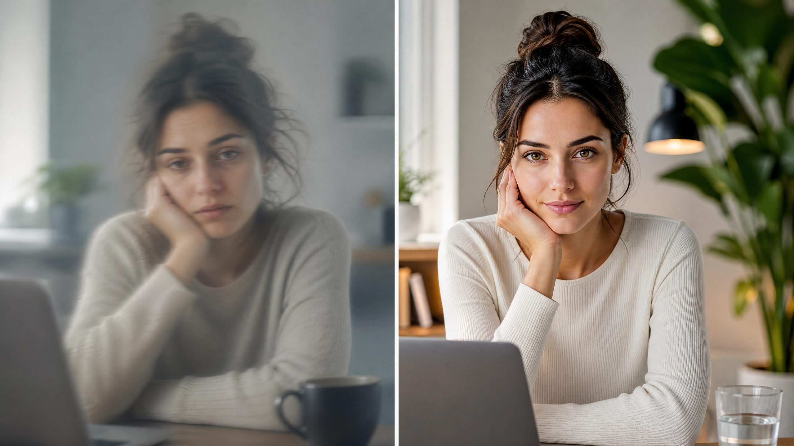 A split-screen visual: on the left, a person looking tired and blurry (representing brain fog); on the right, the same person looking sharp, clear, and focused (representing the effect of NMN).