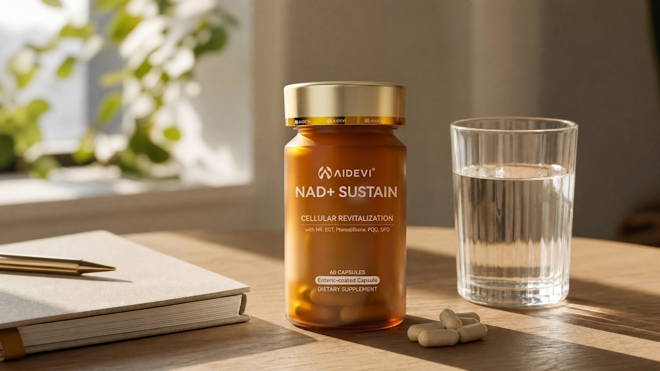 A close-up shot of a premium supplement bottle (generic, no brand) on a wooden table next to a glass of water and a notebook. Morning sunlight streaming through a window. Minimalist, aesthetic lifestyle photography.