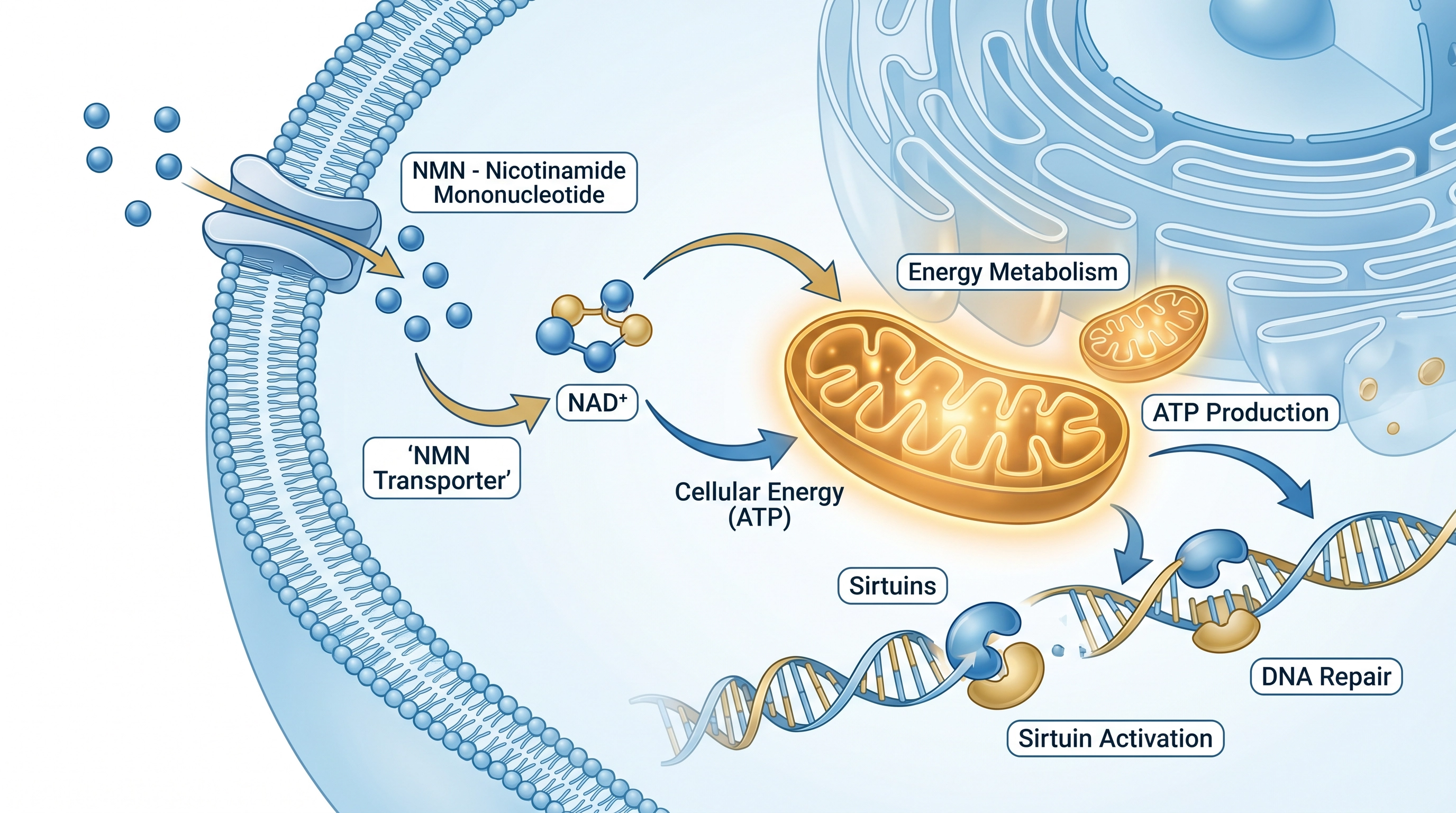 Scientific diagram showing NMN to NAD+ conversion pathway inside a human cell, illustrating energy metabolism, sirtuin activation, and DNA repair