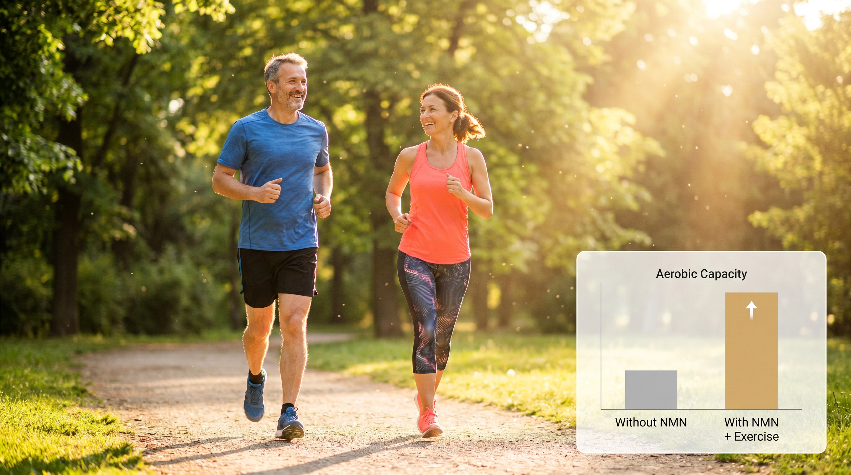 A middle-aged couple jogging energetically in a sunny park, representing the synergy between NMN supplementation and aerobic exercise for anti-aging
