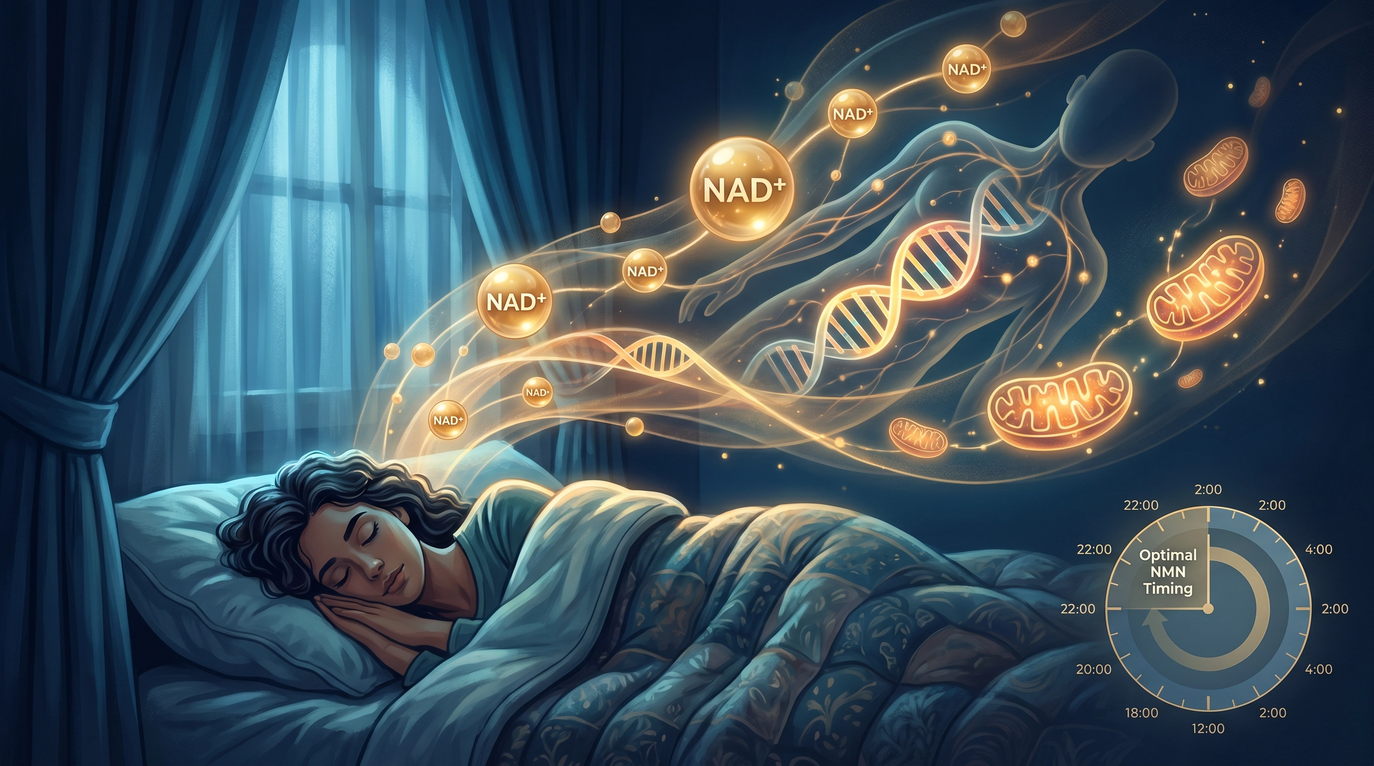 Illustration of a sleeping person with glowing NAD+ molecules and DNA repair processes visualized above them, representing cellular recovery during sleep