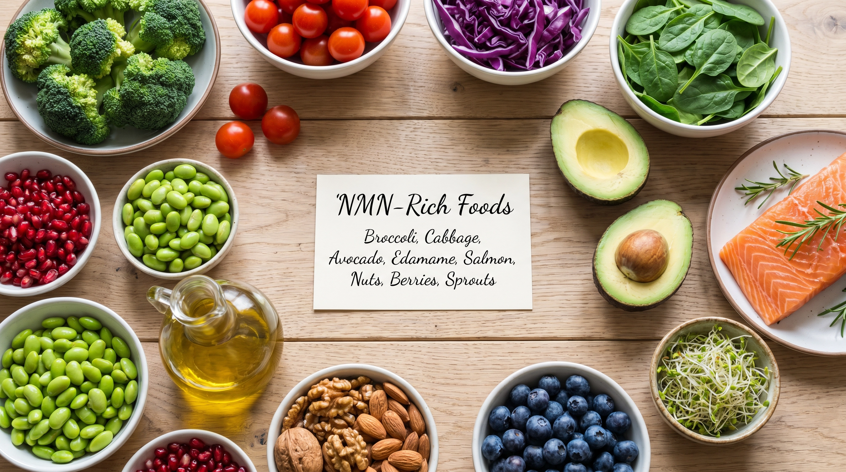 Overhead flat lay of Mediterranean anti-aging foods including avocado, broccoli, edamame, salmon, blueberries, and olive oil &mdash; all supporting NMN supplementation