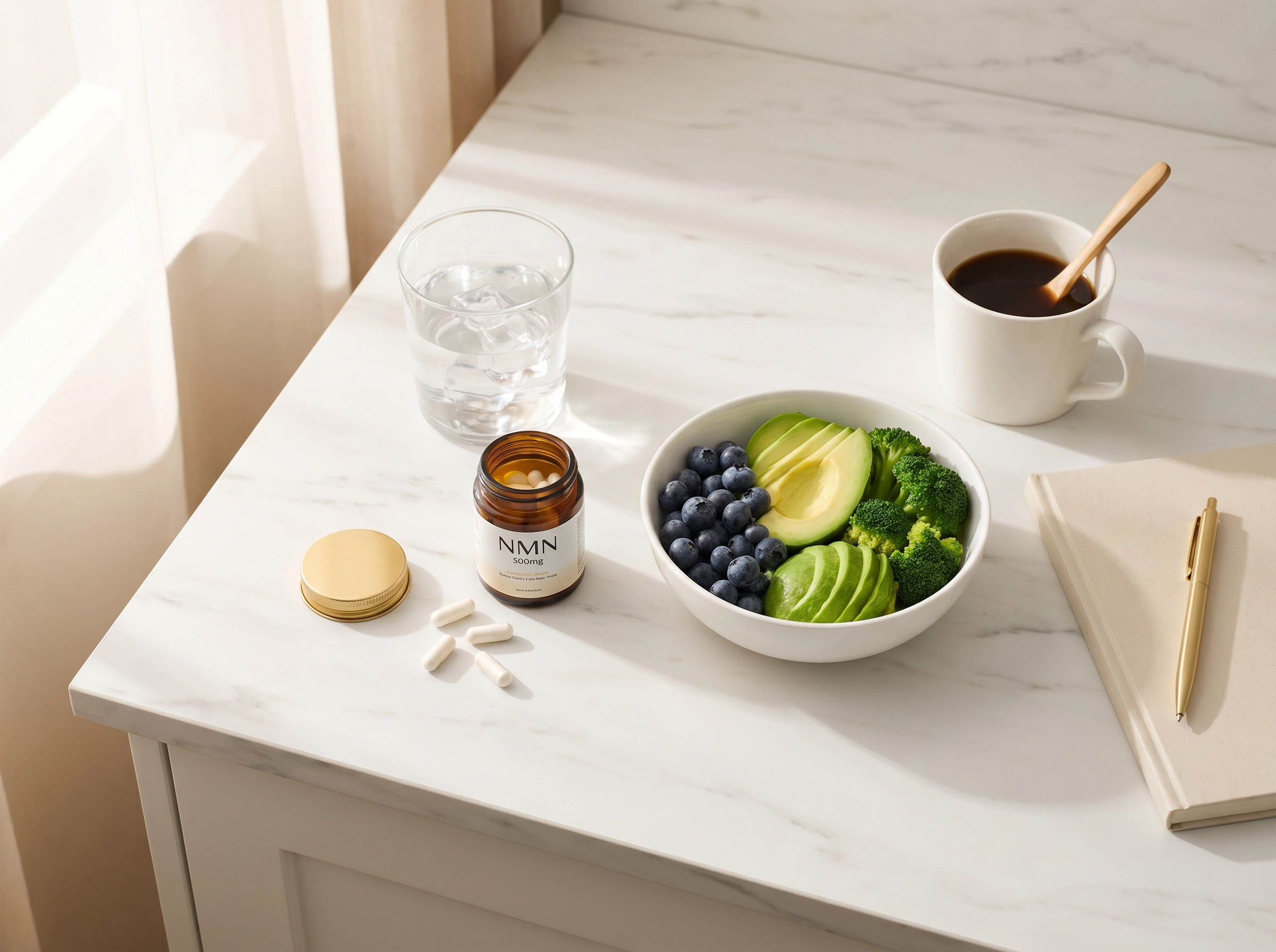 A clean morning routine setup showing an NMN supplement bottle, capsules, a glass of water, and a bowl of fresh fruits on a marble surface