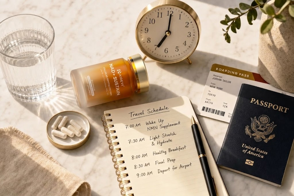 Flat lay of NMN supplement bottle, passport, boarding pass, and morning travel schedule on marble surface