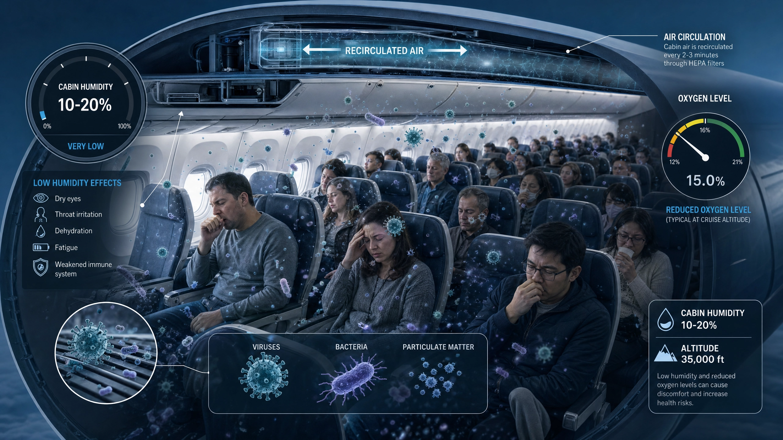 Cross-section of an airplane cabin showing low humidity, reduced oxygen, and airborne pathogen risks