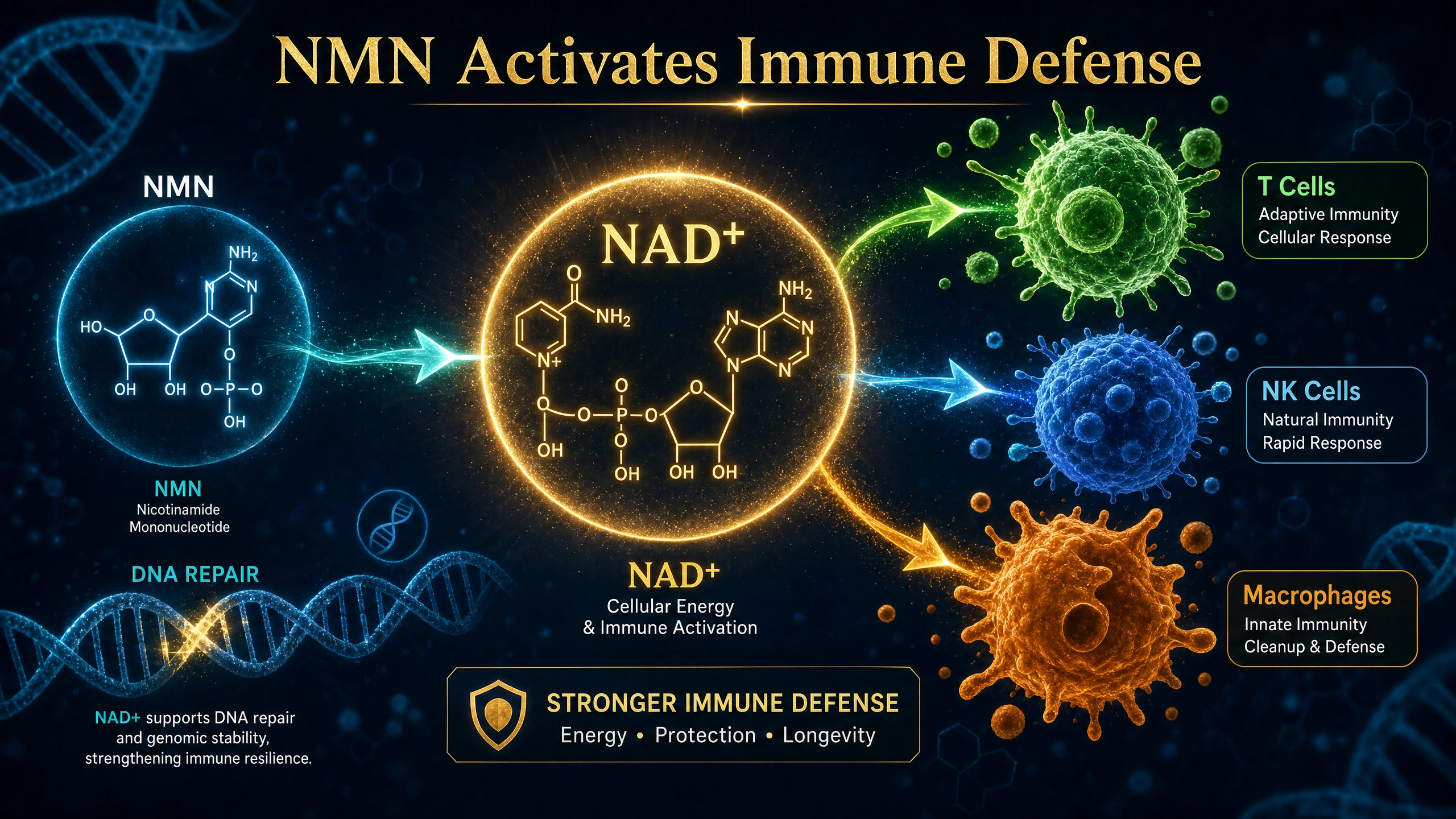 Scientific illustration showing NMN converting to NAD+ and activating T-cells, NK cells, and macrophages