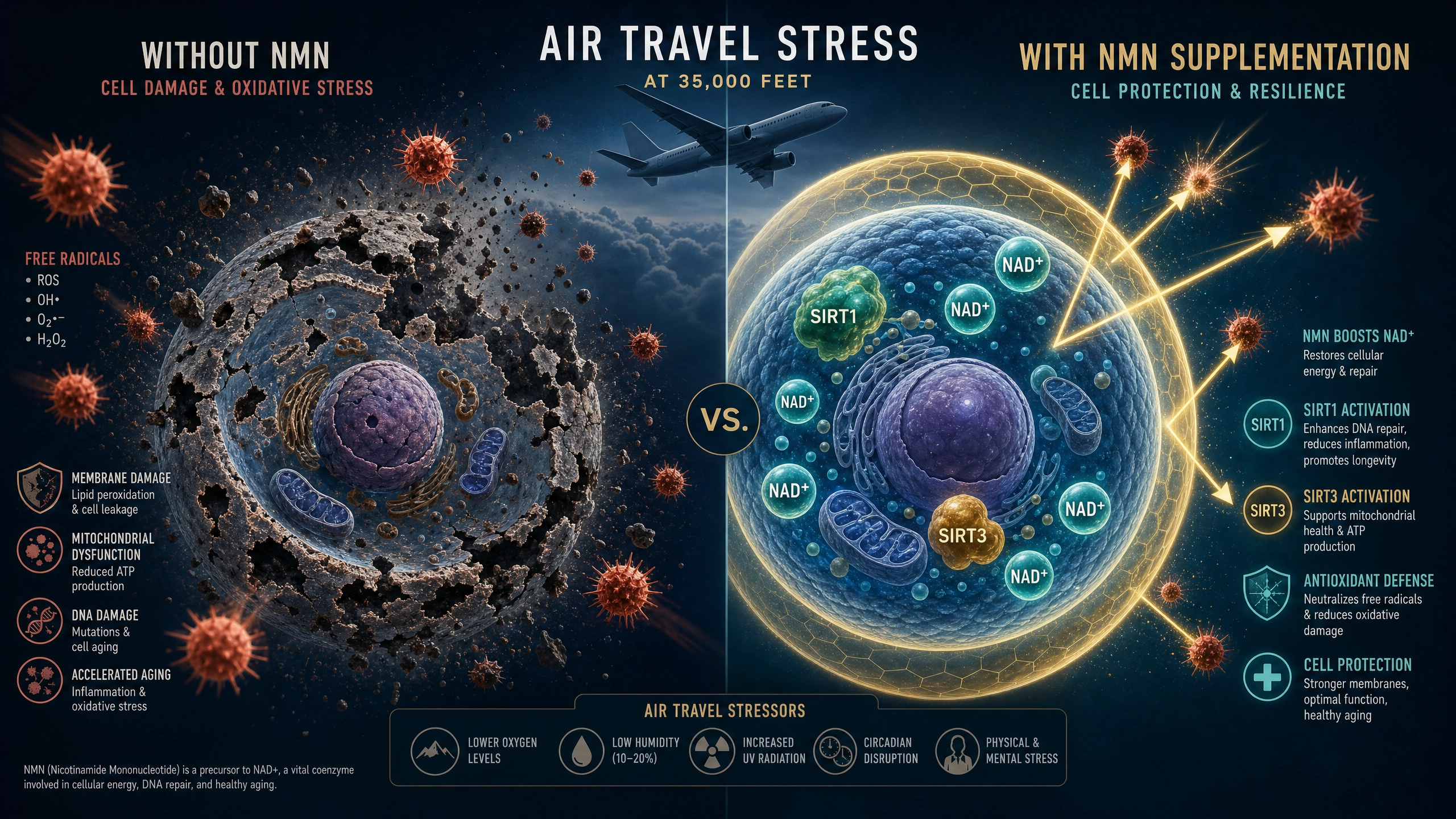 Split-screen scientific visualization showing cell damage from free radicals without NMN versus a protected cell with NMN supplementation