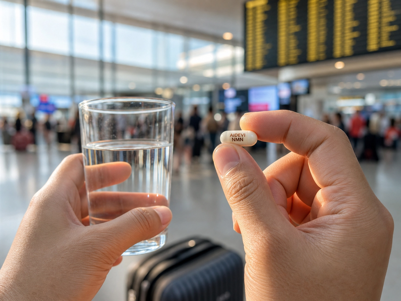A close-up of a person's hands holding a glass of water and an AIDEVI NMN capsule, with a blurred background of a busy airport terminal. The focus is on the act of taking the supplement for protection.