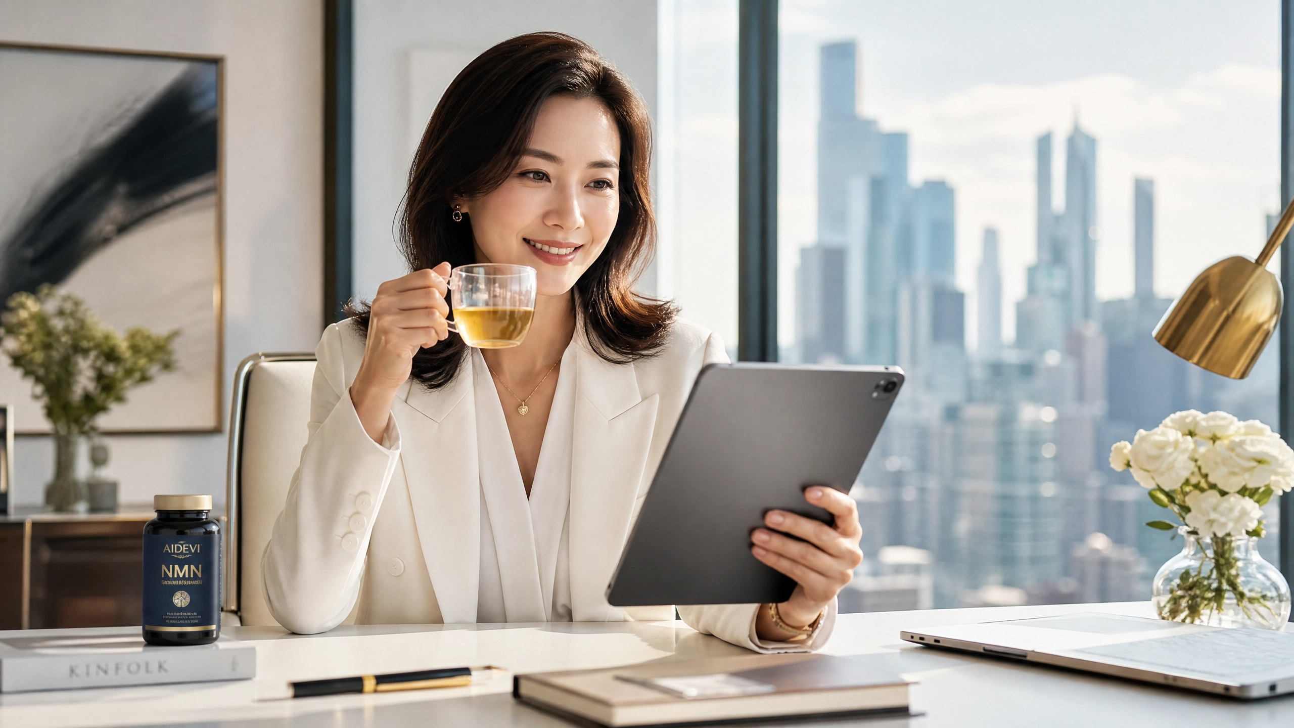 A professional business woman looking energetic and focused in a modern office setting, with an AIDEVI NMN bottle subtly visible.