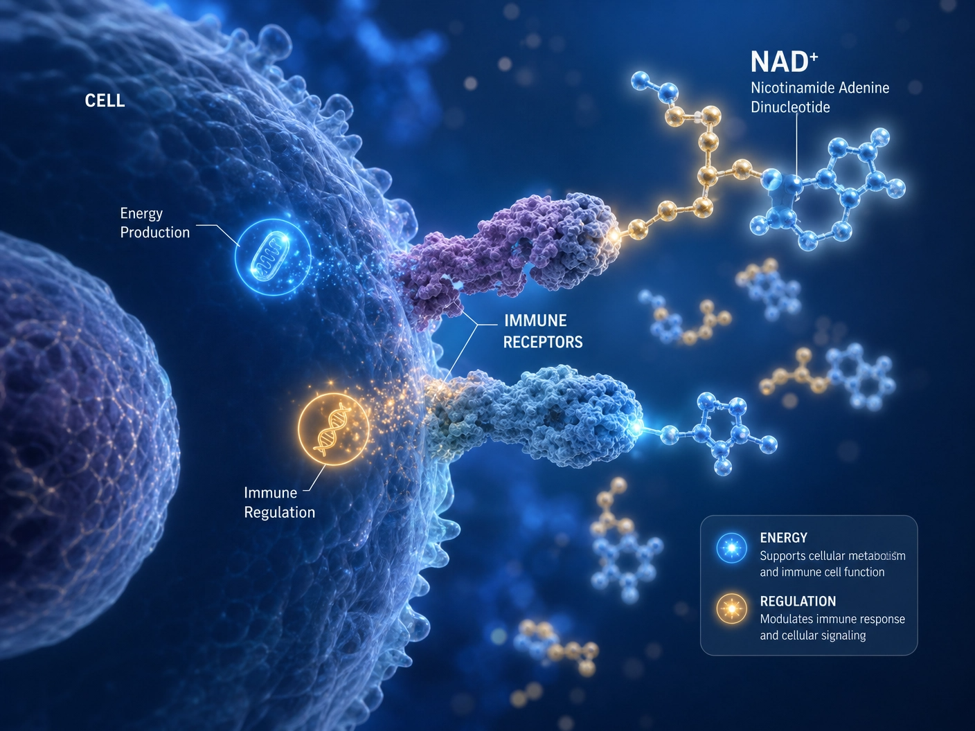 Scientific visualization of NAD+ molecules supporting cellular energy and immune regulation.