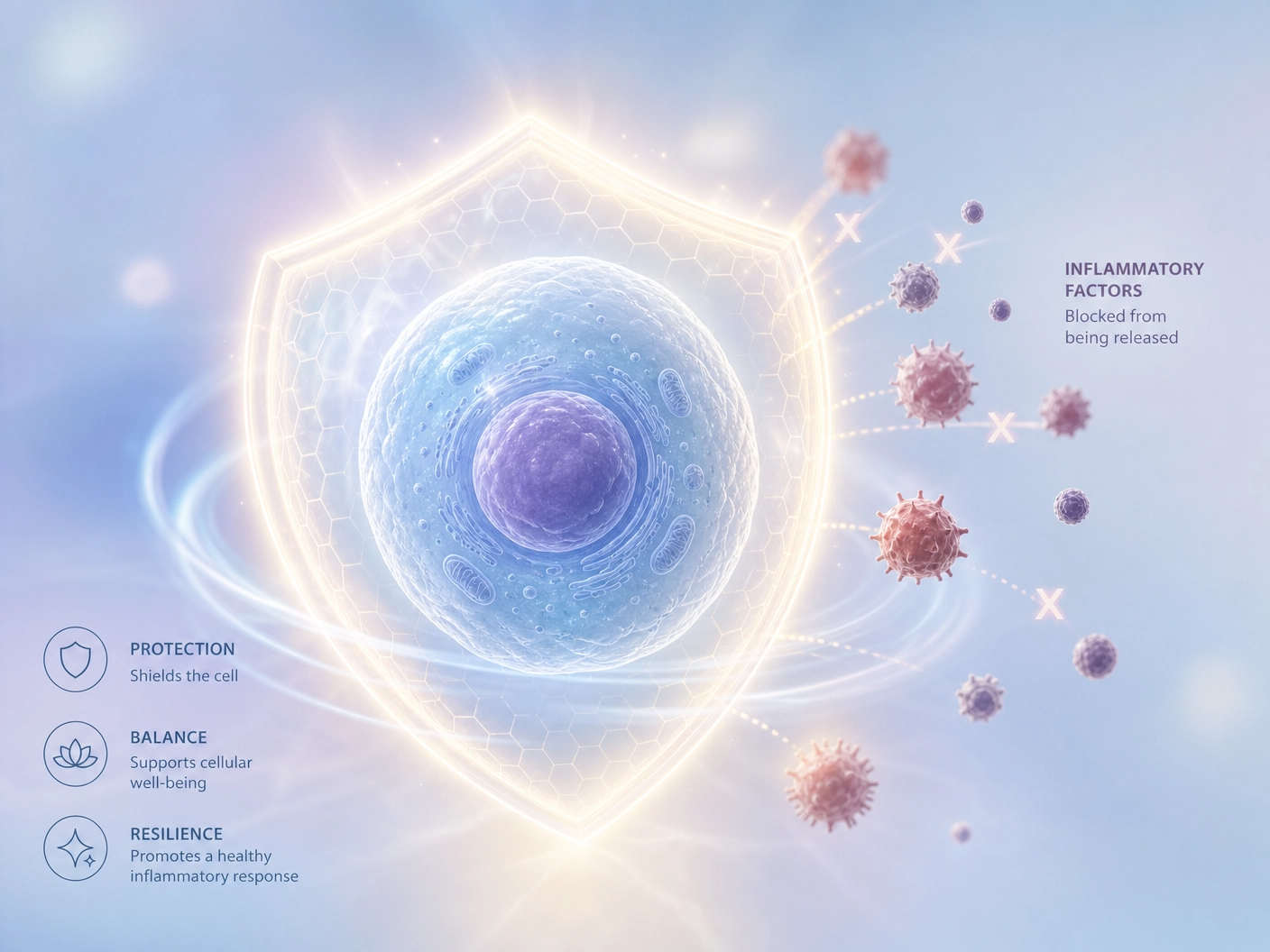 Conceptual illustration of mast cell stabilization and reduced histamine release during an allergic response.