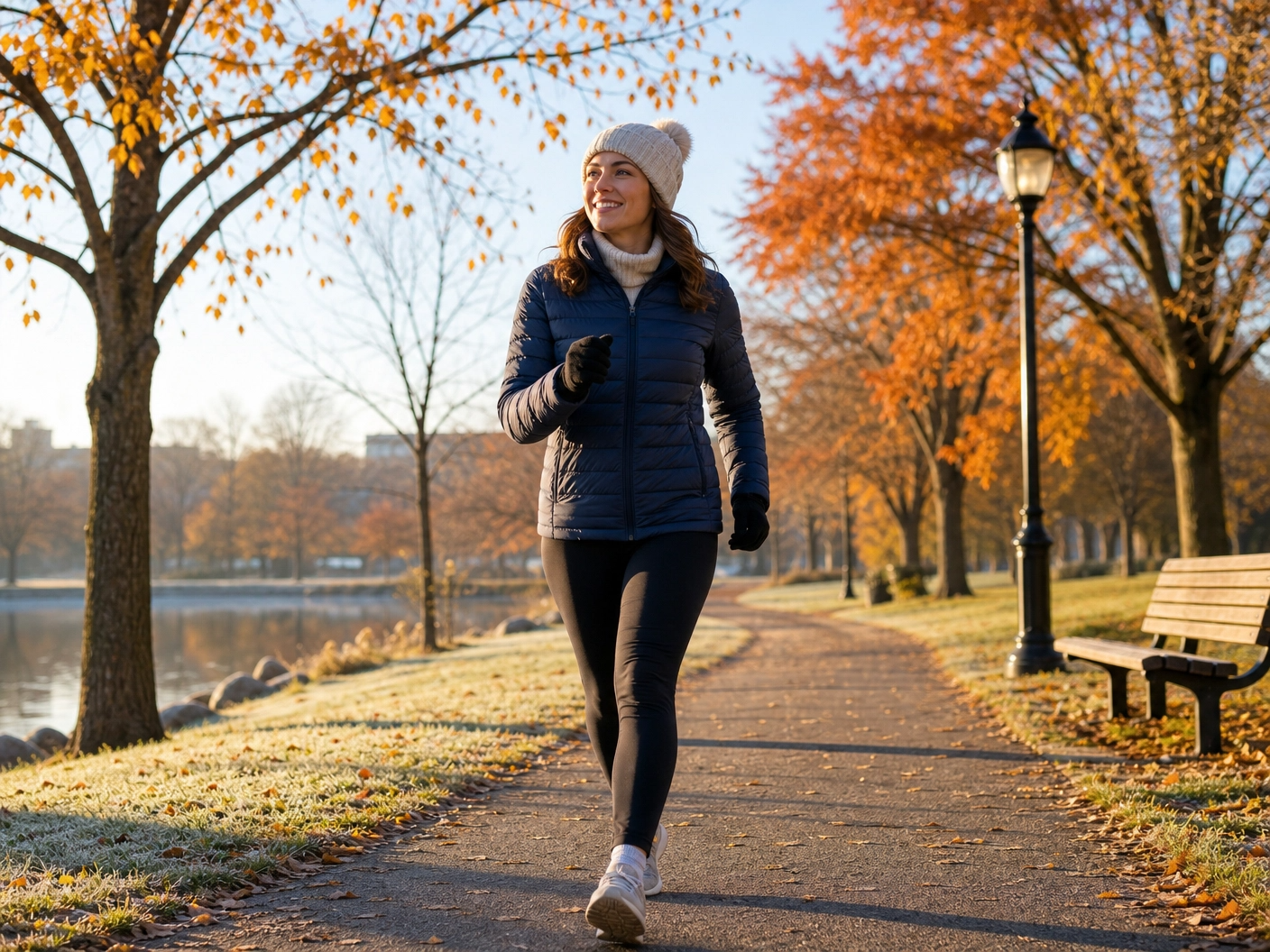 A person walking outdoors in cool weather with morning light, representing a winter wellness routine.