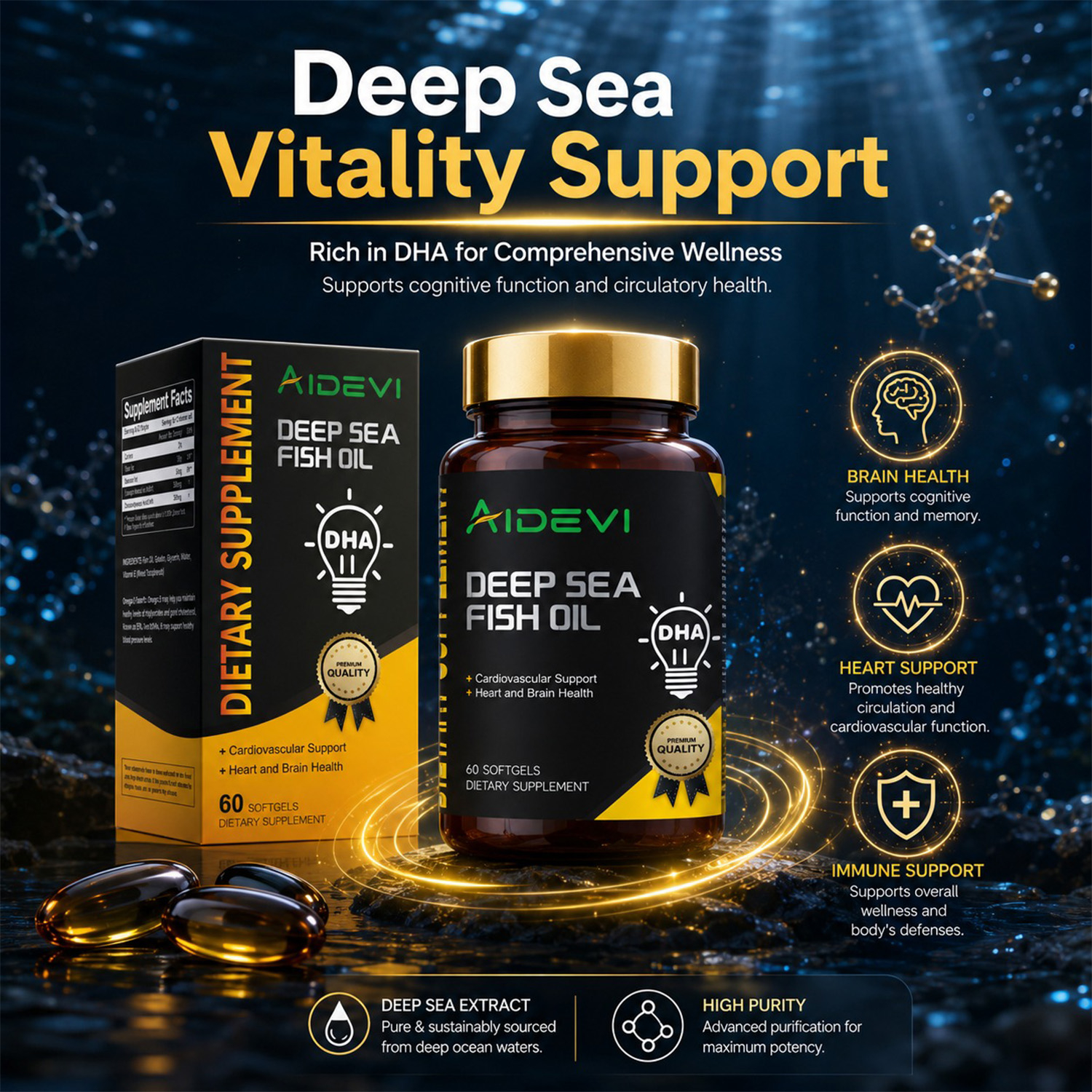 AIDEVI Deep Sea Fish Oil DHA EPA OMEGA-3 60 Softgel For Child Eldly Dietary Supplement Made In USA