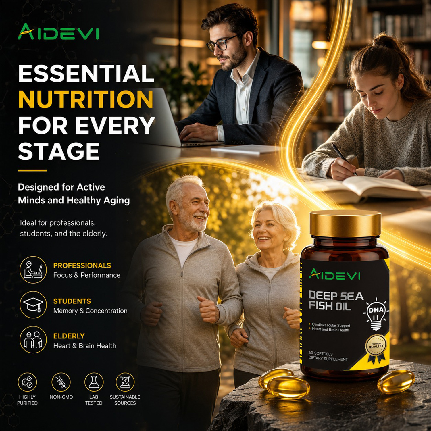 AIDEVI Deep Sea Fish Oil DHA EPA OMEGA-3 60 Softgel For Child Eldly Dietary Supplement Made In USA