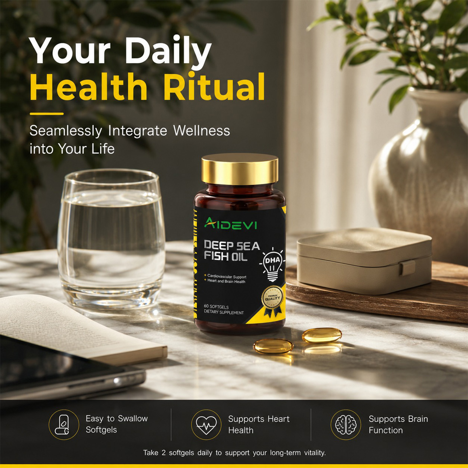 AIDEVI Deep Sea Fish Oil DHA EPA OMEGA-3 60 Softgel For Child Eldly Dietary Supplement Made In USA