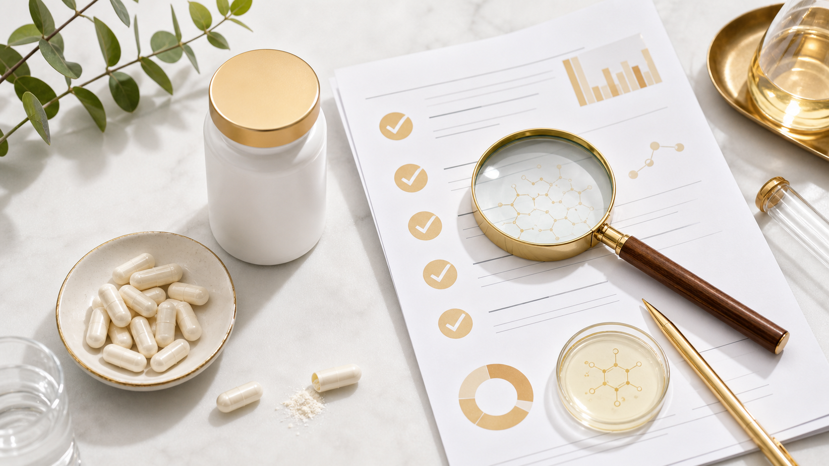 NMN supplement quality checklist with lab style document and capsule bottle