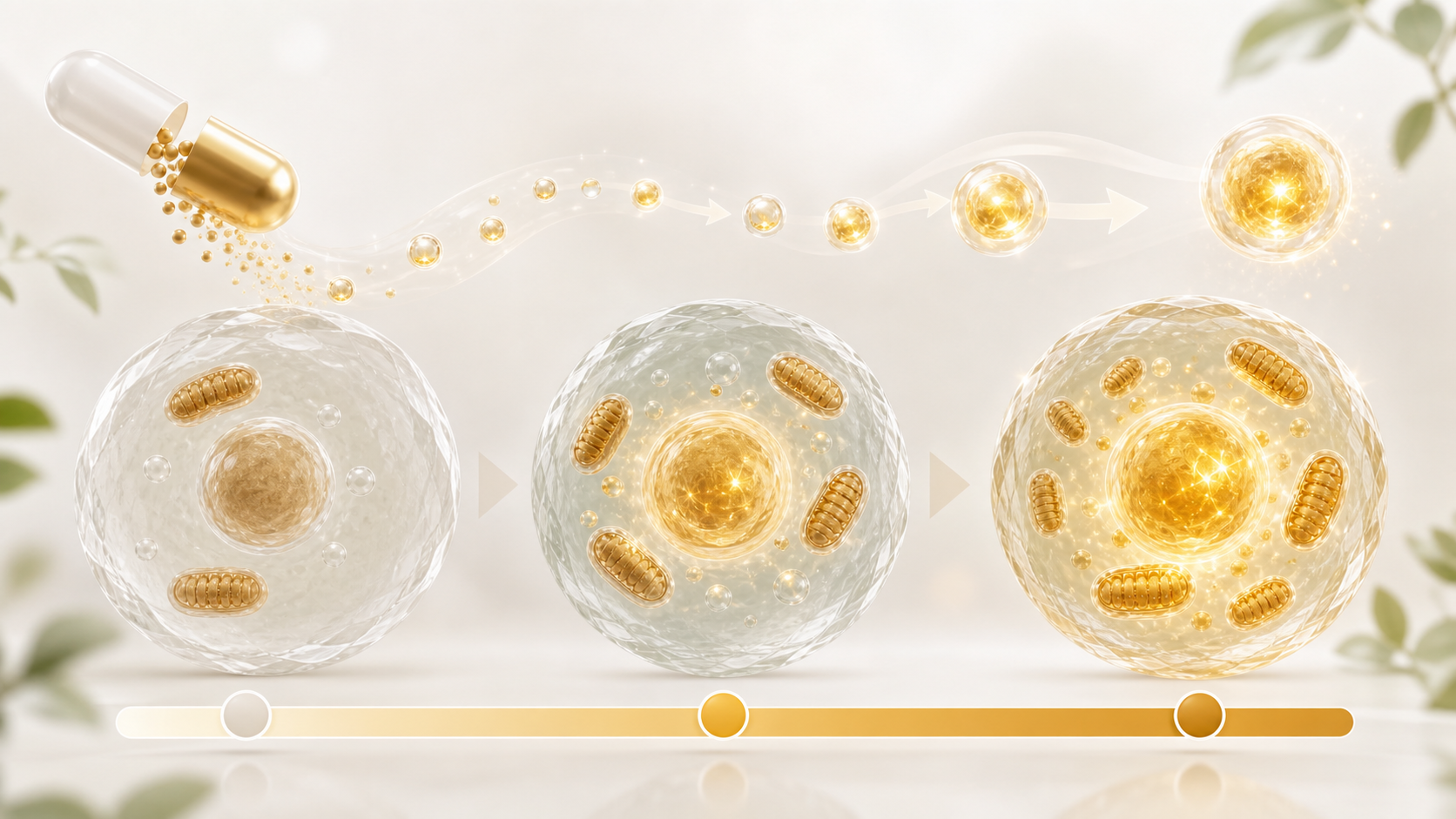 Scientific wellness illustration of NMN particles supporting cellular energy and dose response