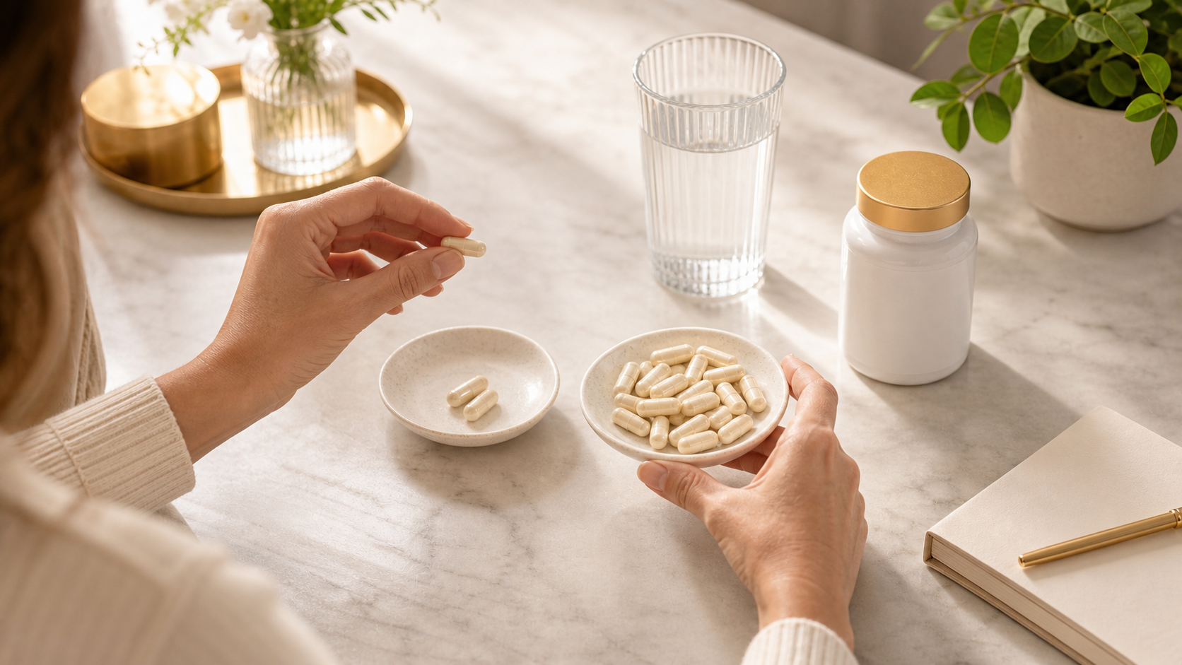 Lifestyle image comparing smaller and larger NMN capsule routines beside water and notebook