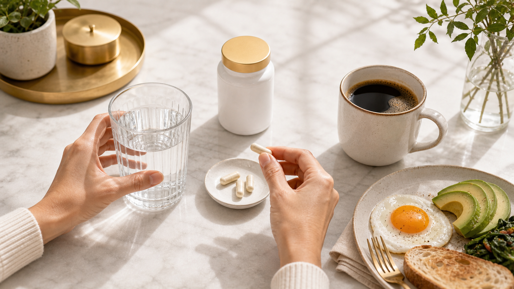 Hands preparing NMN with water coffee and breakfast in a morning wellness routine
