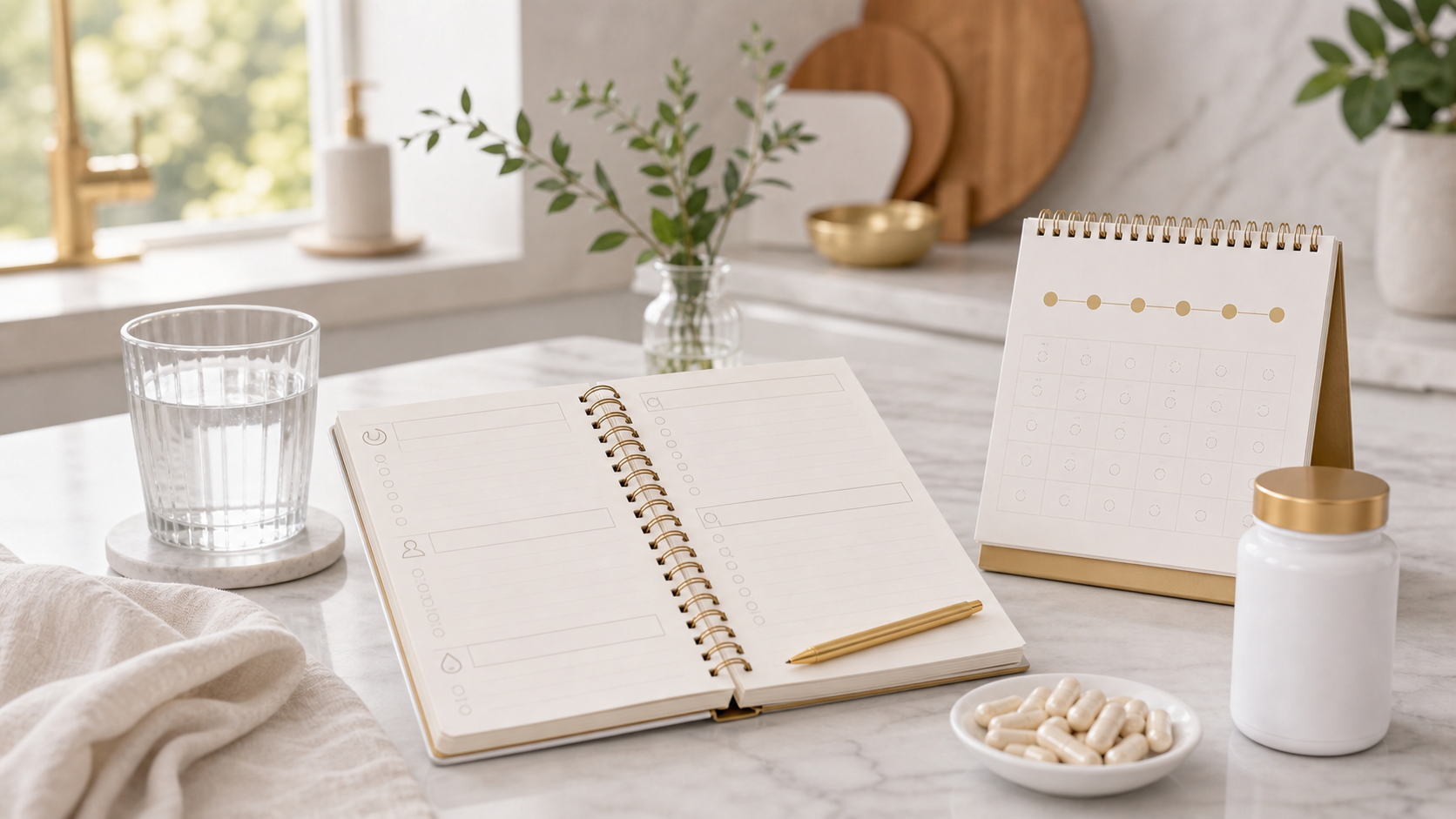 Weekly wellness journal with water NMN supplement and checklist for tracking realistic before and after results