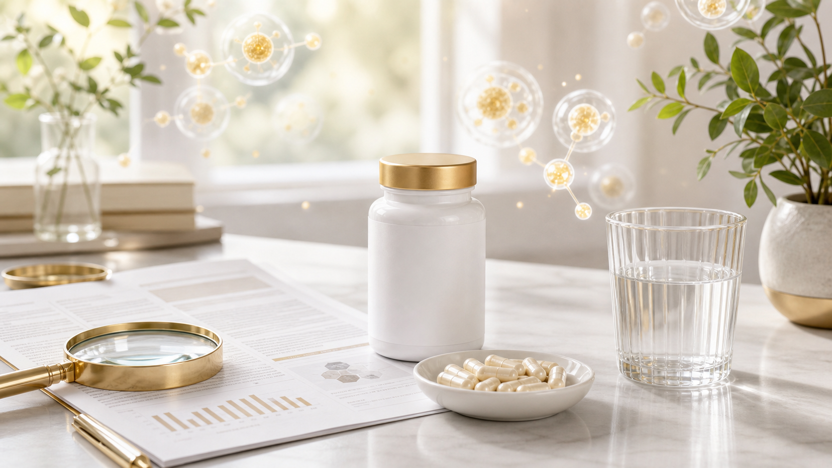 NMN supplement bottle research paper capsules and water showing realistic research based wellness routine
