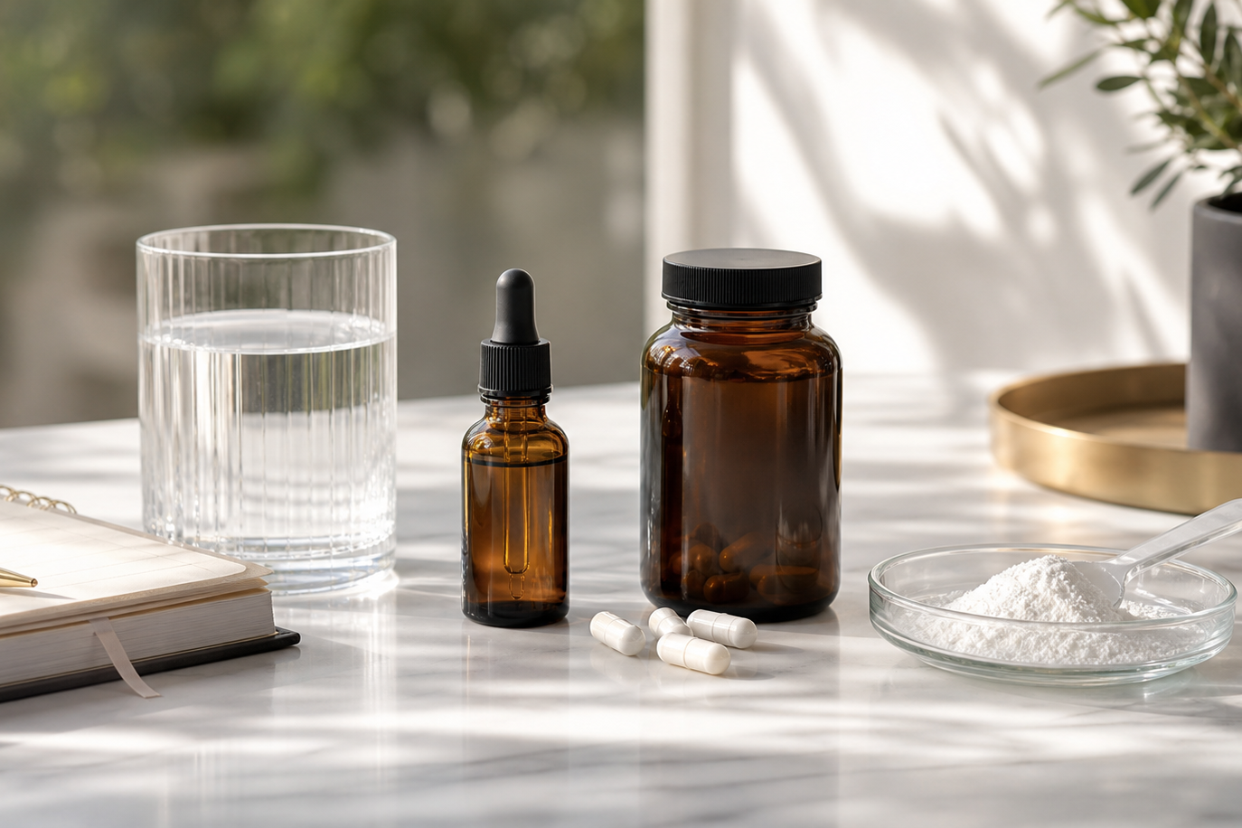 NMN supplement formats including dropper liquid capsules and powder arranged for routine comparison
