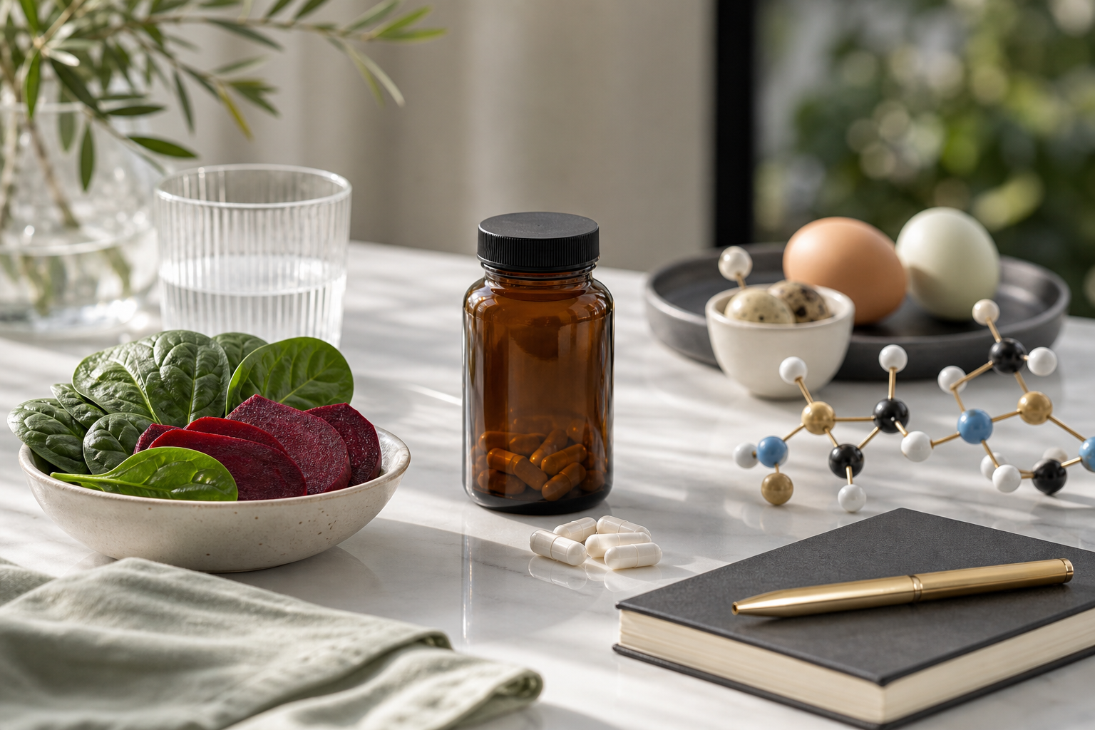 NMN capsules beside folate rich foods eggs and a molecular model representing methylation support