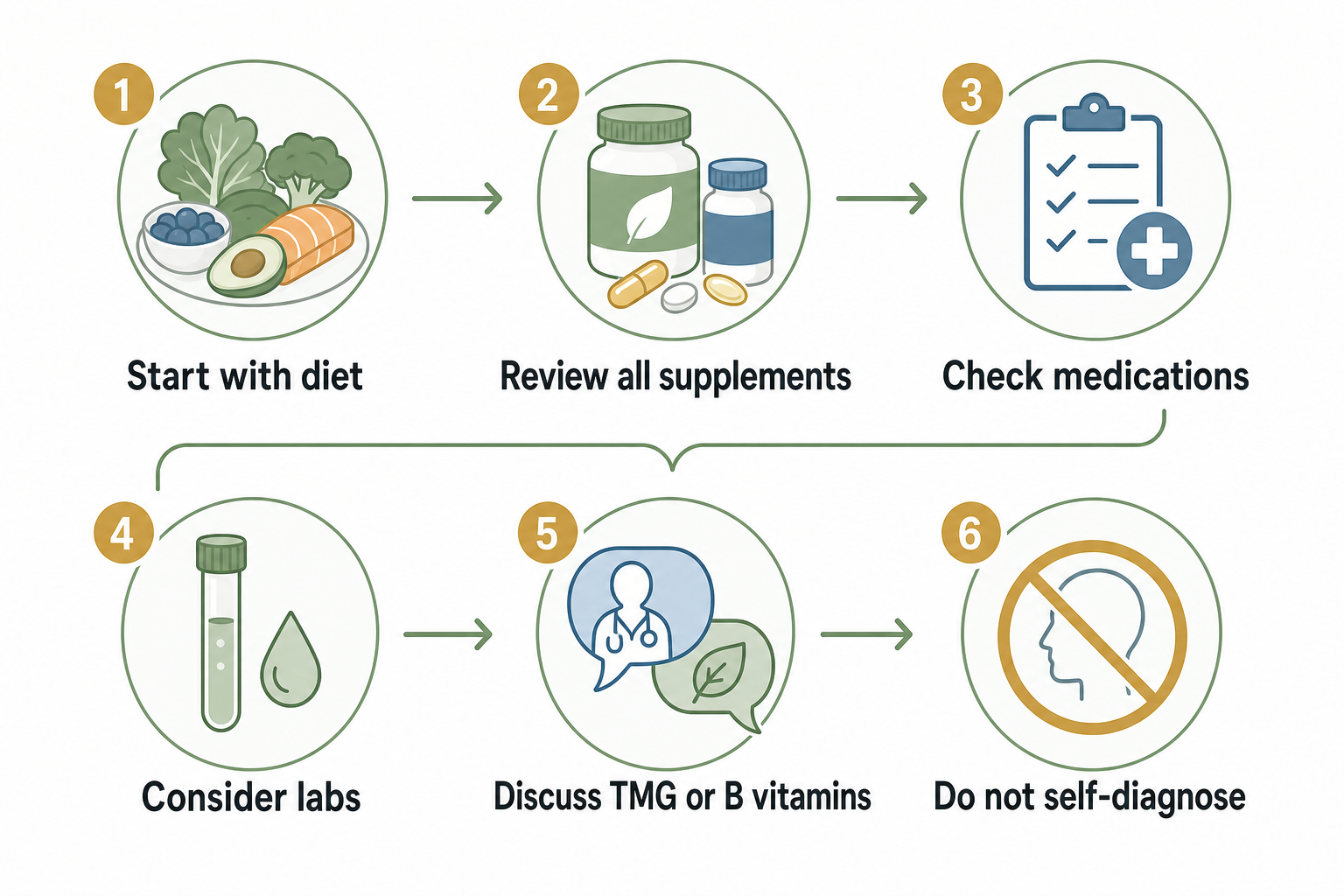 Decision checklist for reviewing diet supplements medications labs and professional guidance before adding TMG or B vitamins