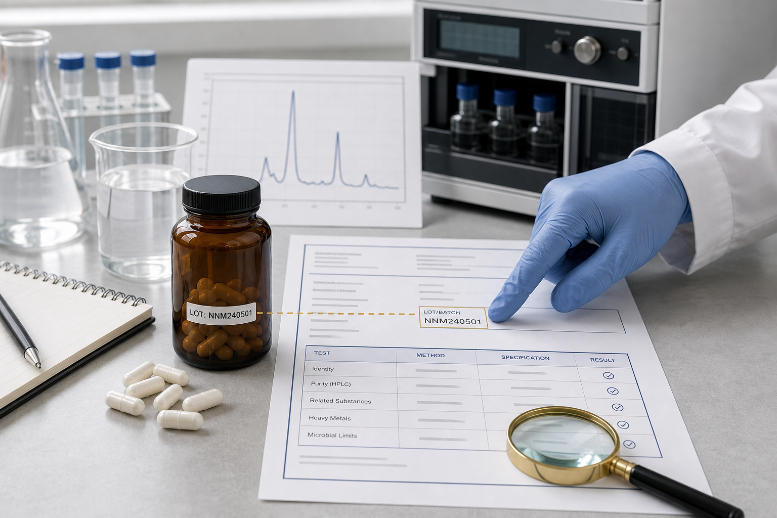 Laboratory professional matching an NMN supplement bottle lot number to a Certificate of Analysis