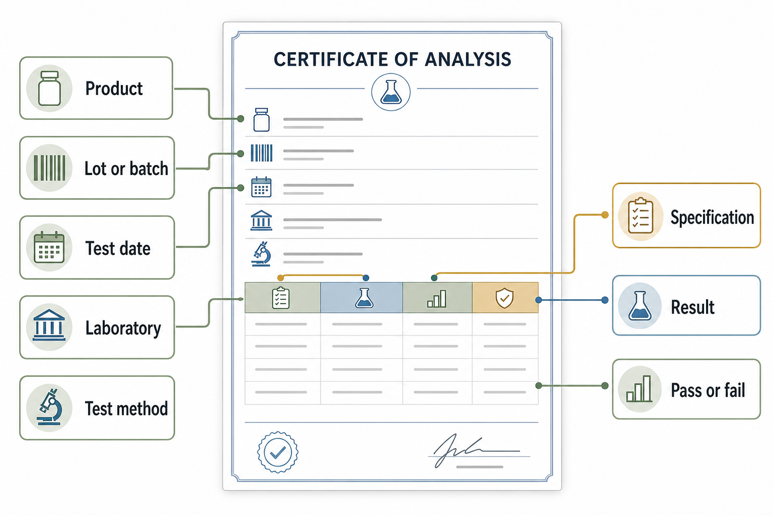 Infographic showing the essential sections of a supplement Certificate of Analysis