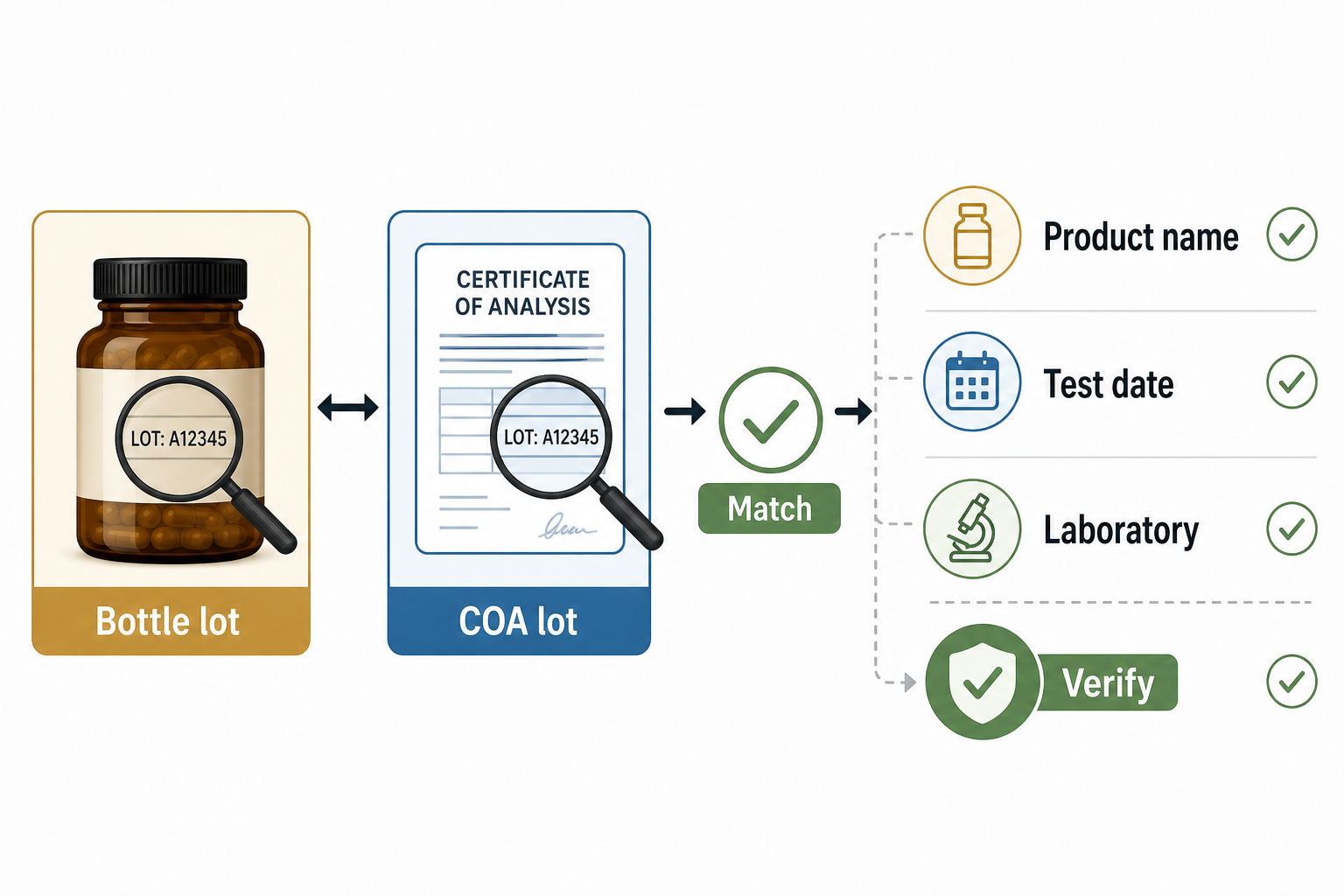 Checklist showing how to match an NMN bottle lot number with a Certificate of Analysis