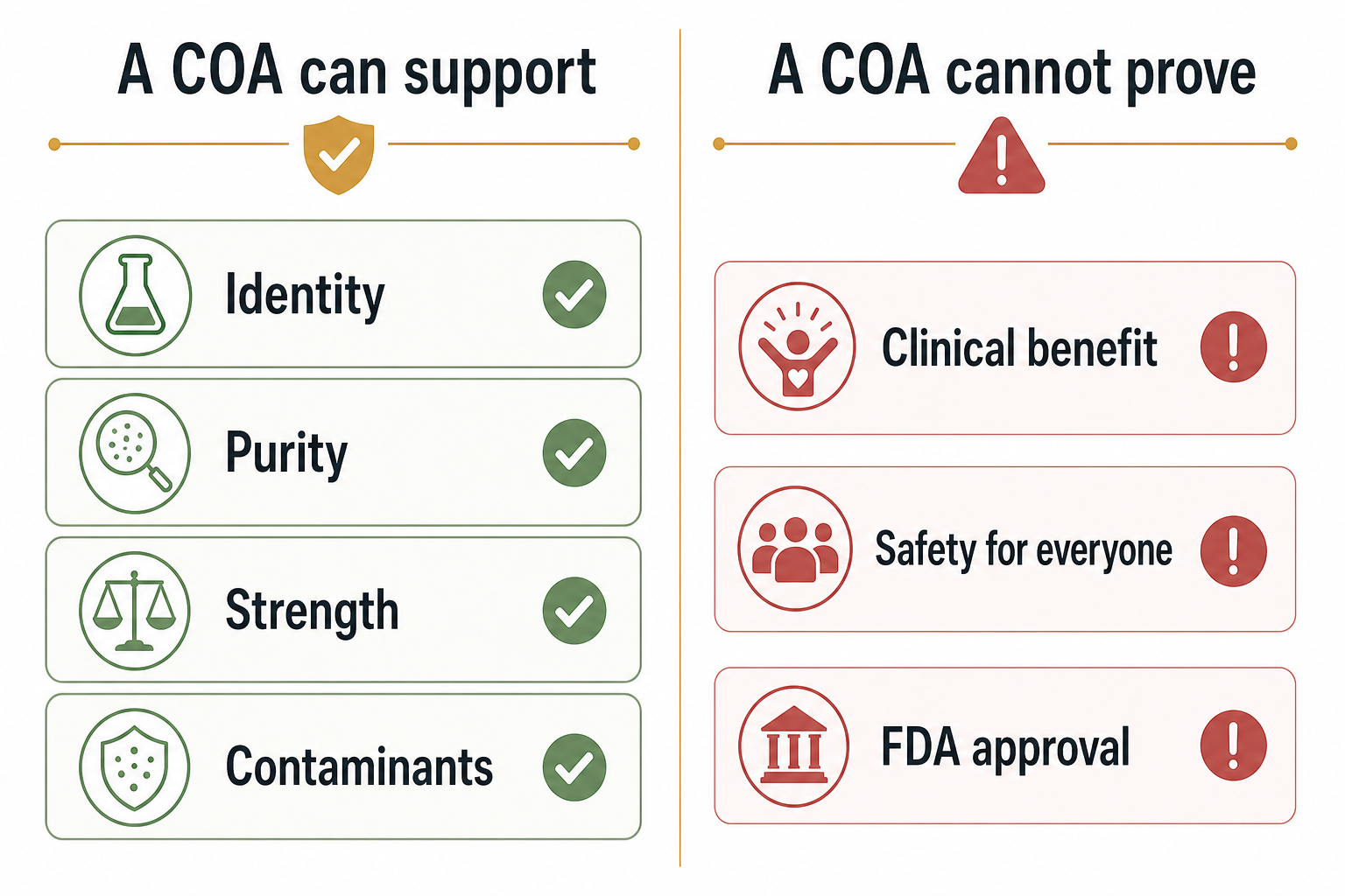 Infographic explaining what a supplement COA can support and what it cannot prove