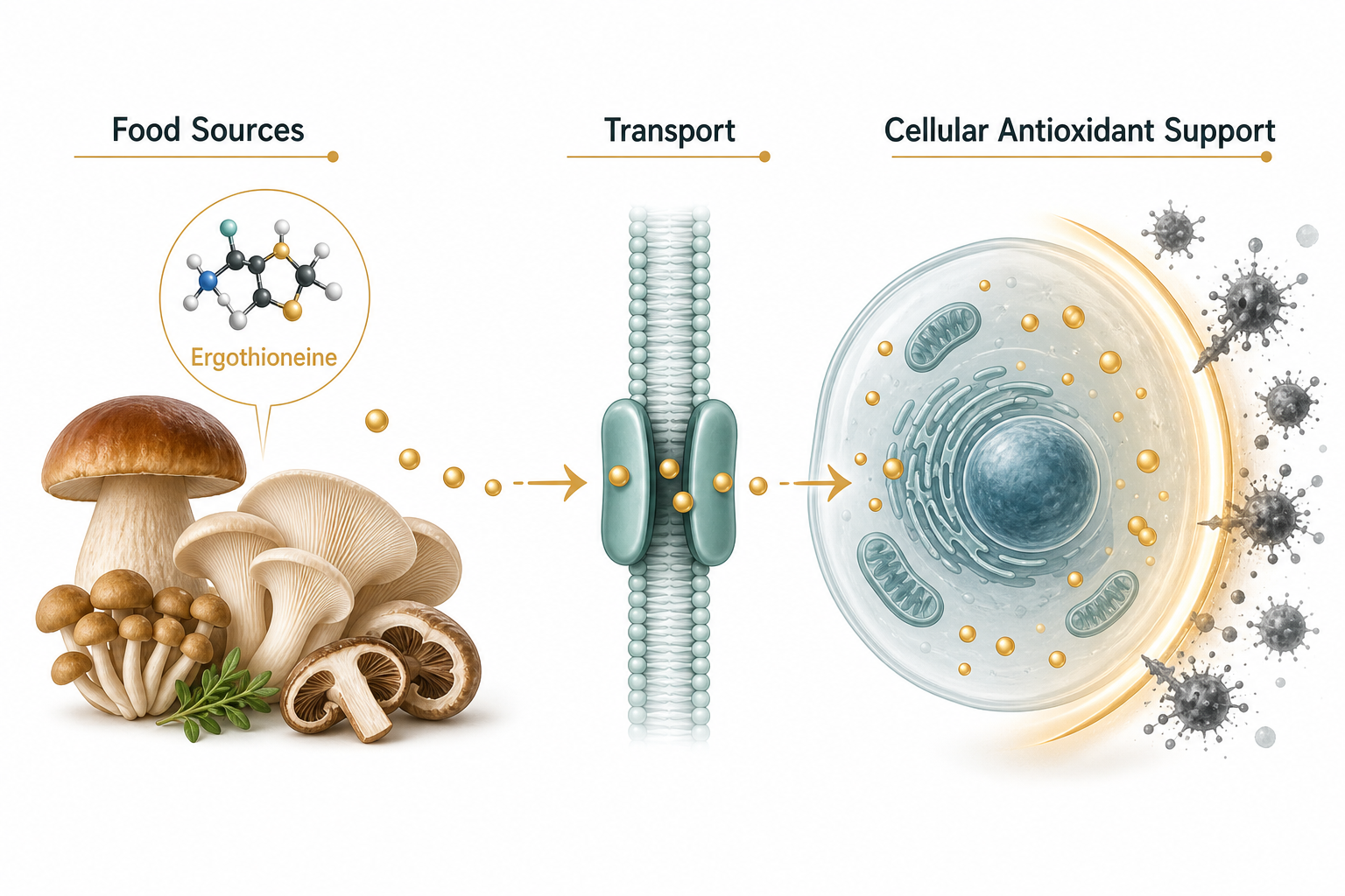 Scientific illustration of ergothioneine food sources, transport, and cellular antioxidant support