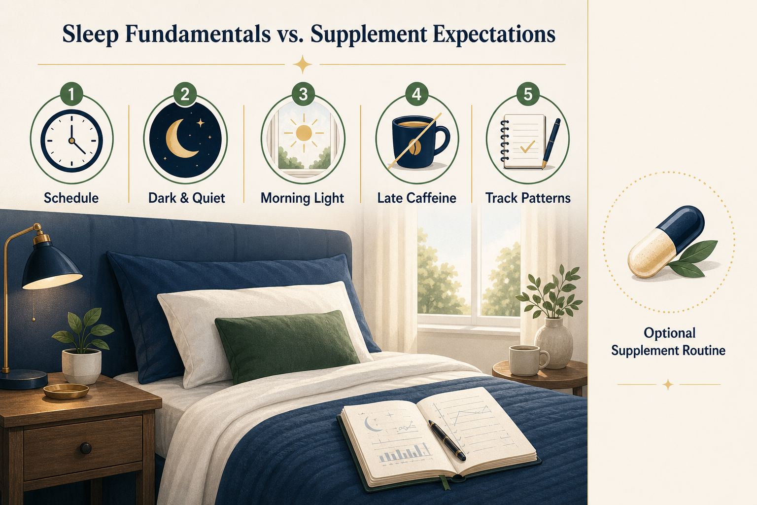 Checklist illustration separating foundational sleep habits from an optional supplement routine