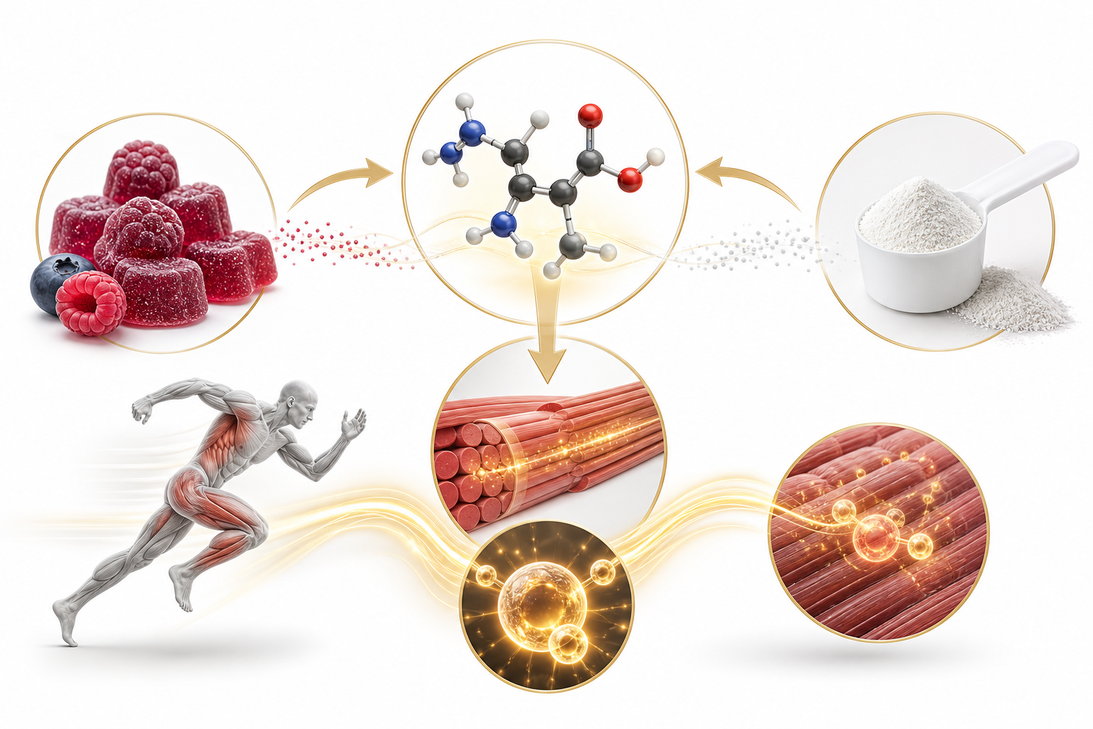 Scientific illustration showing gummies and powder as different delivery paths for creatine monohydrate