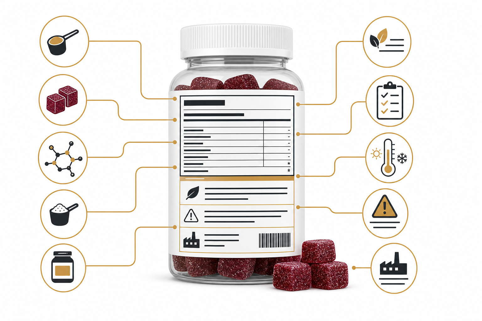 Visual anatomy of a creatine gummy label including serving size form amount ingredients storage and lot information
