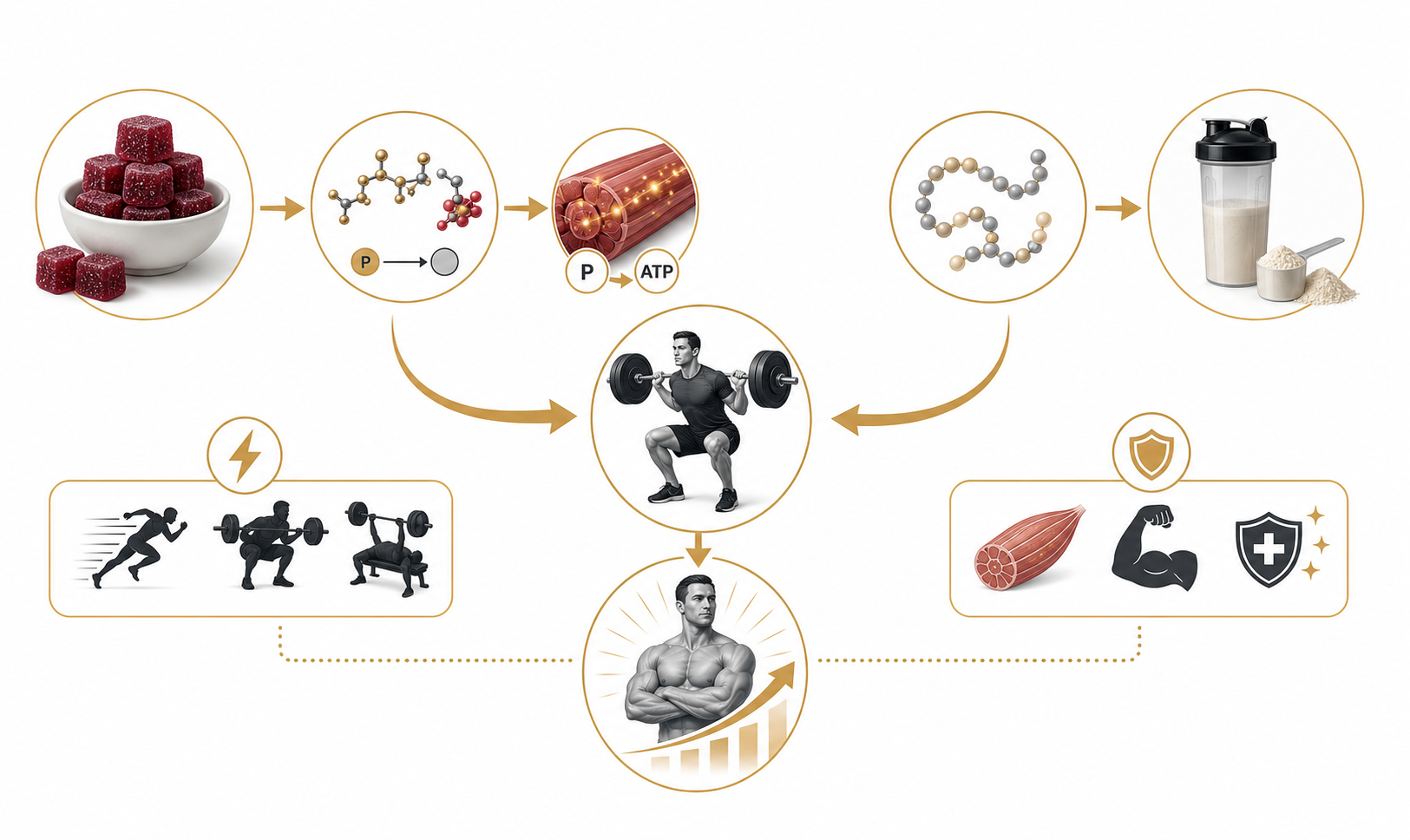 Visual comparison of creatine supporting rapid exercise energy and protein supplying amino acids for muscle repair