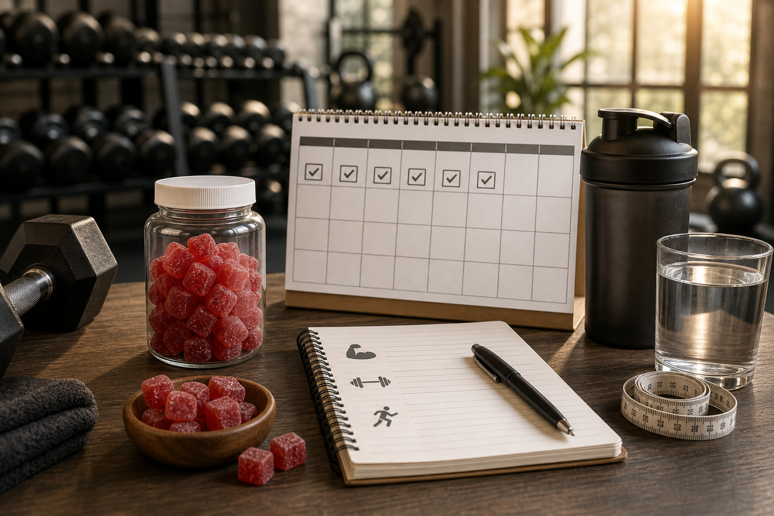 Creatine gummies workout log calendar water glass and gym equipment for a 30 day tracking routine