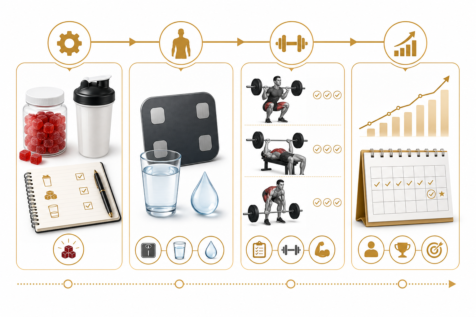 Visual 30 day creatine tracking timeline with routine body weight training log and review icons