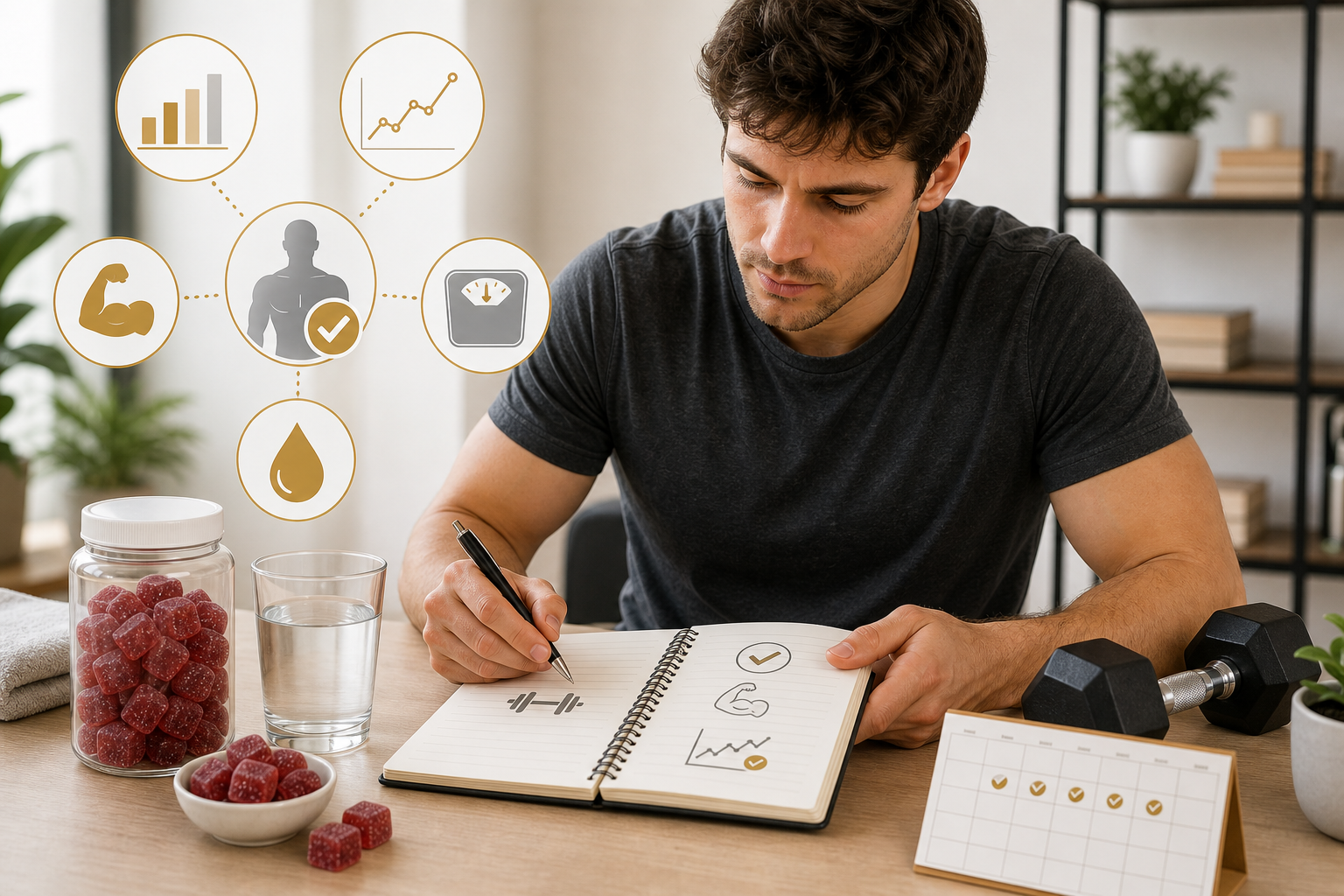 Fitness user reviewing creatine progress with workout notebook weight trend icons and calendar