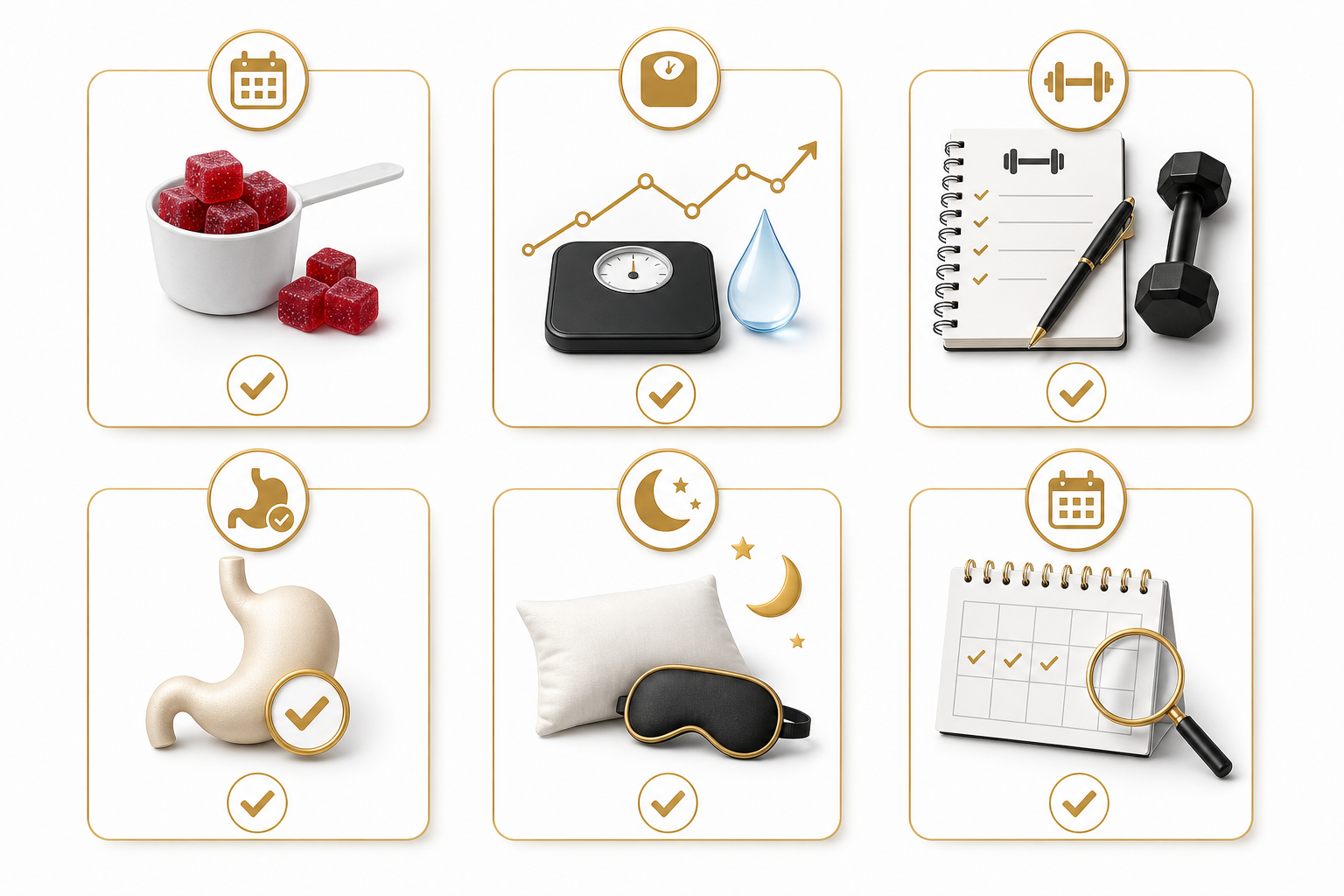 Creatine tracking checklist with serving adherence body weight training performance digestion sleep and review icons