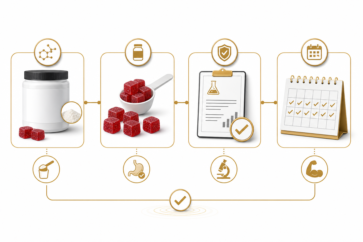 Creatine gummy effectiveness checklist showing creatine form serving size testing and consistency icons