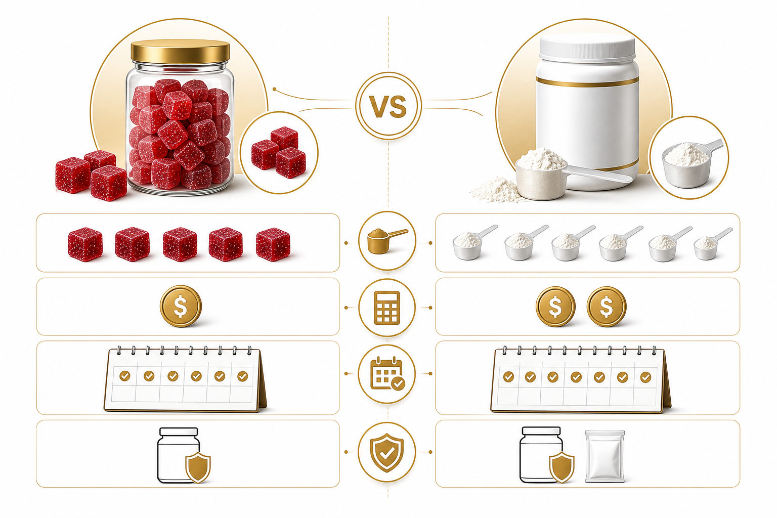 Creatine gummies versus powder comparison with serving count price consistency and quality icons
