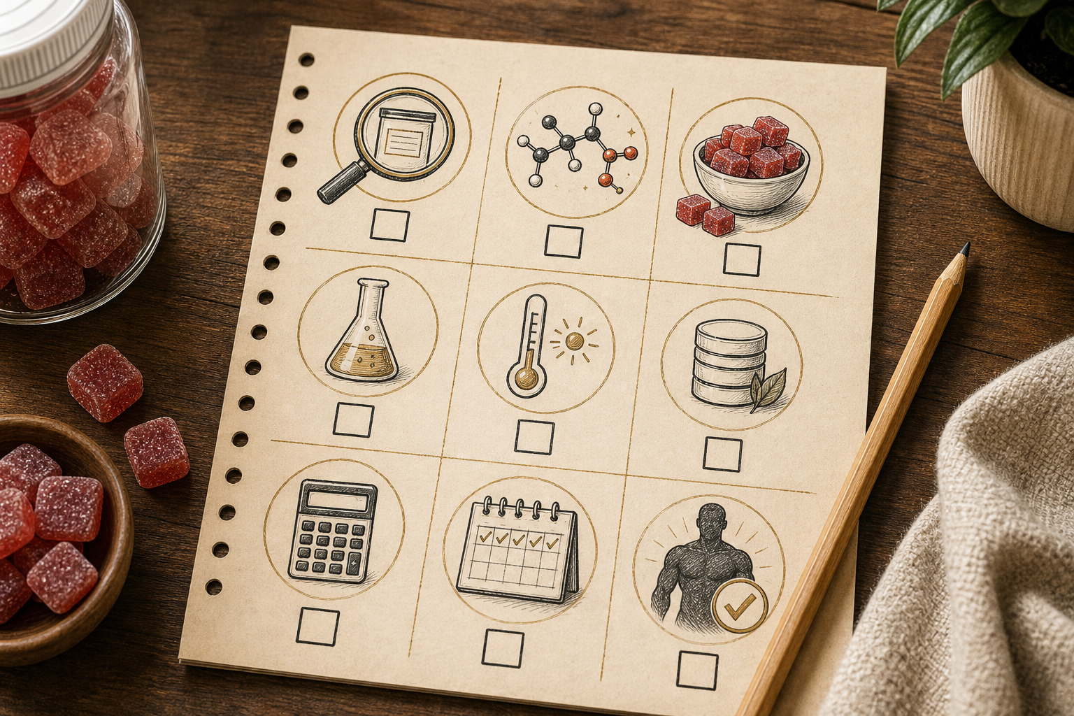 Hand drawn creatine gummy buyer worksheet with nine icon based checklist questions