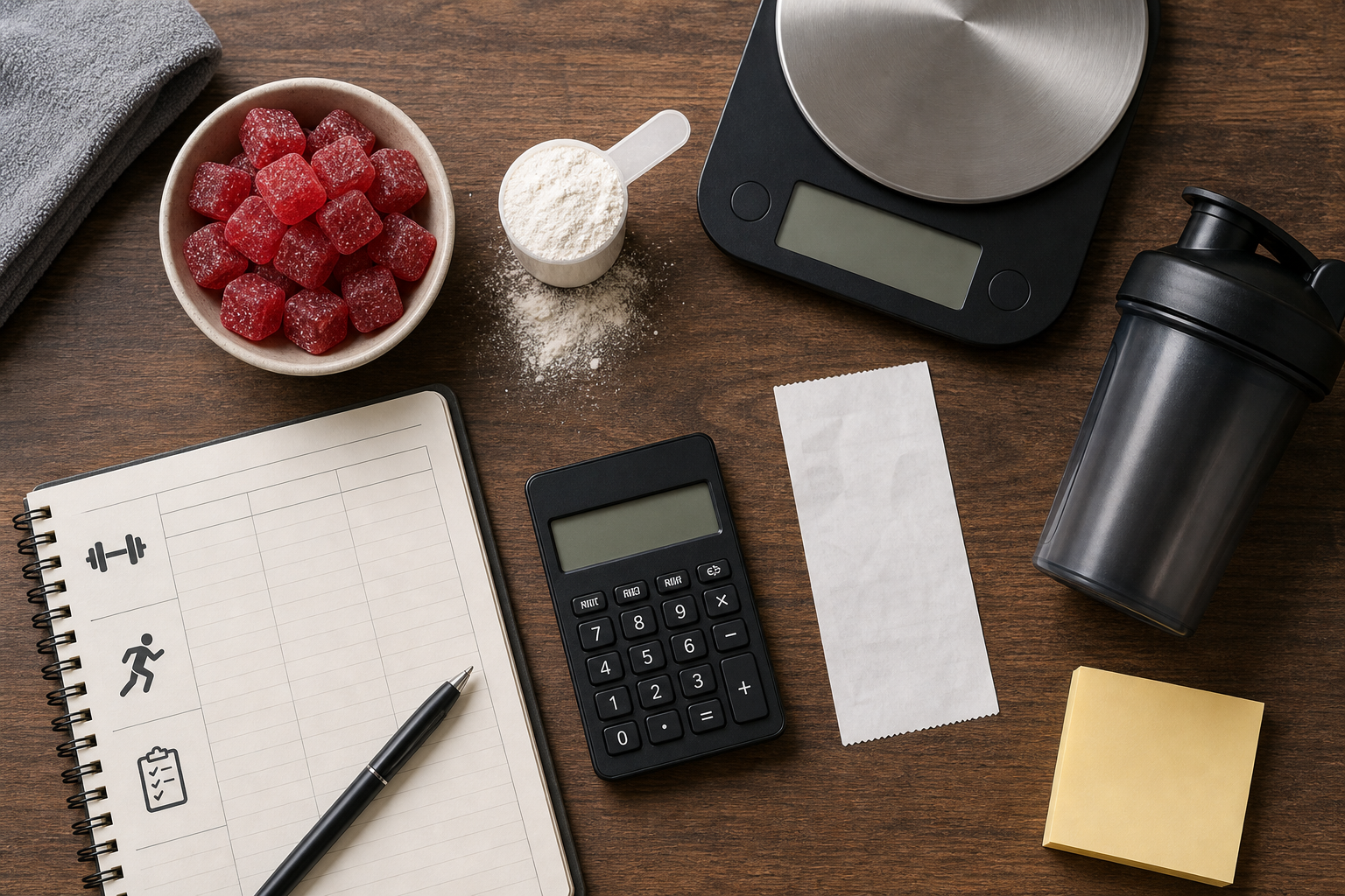Top down cost comparison desk with creatine gummies powder calculator blank receipt and workout notebook