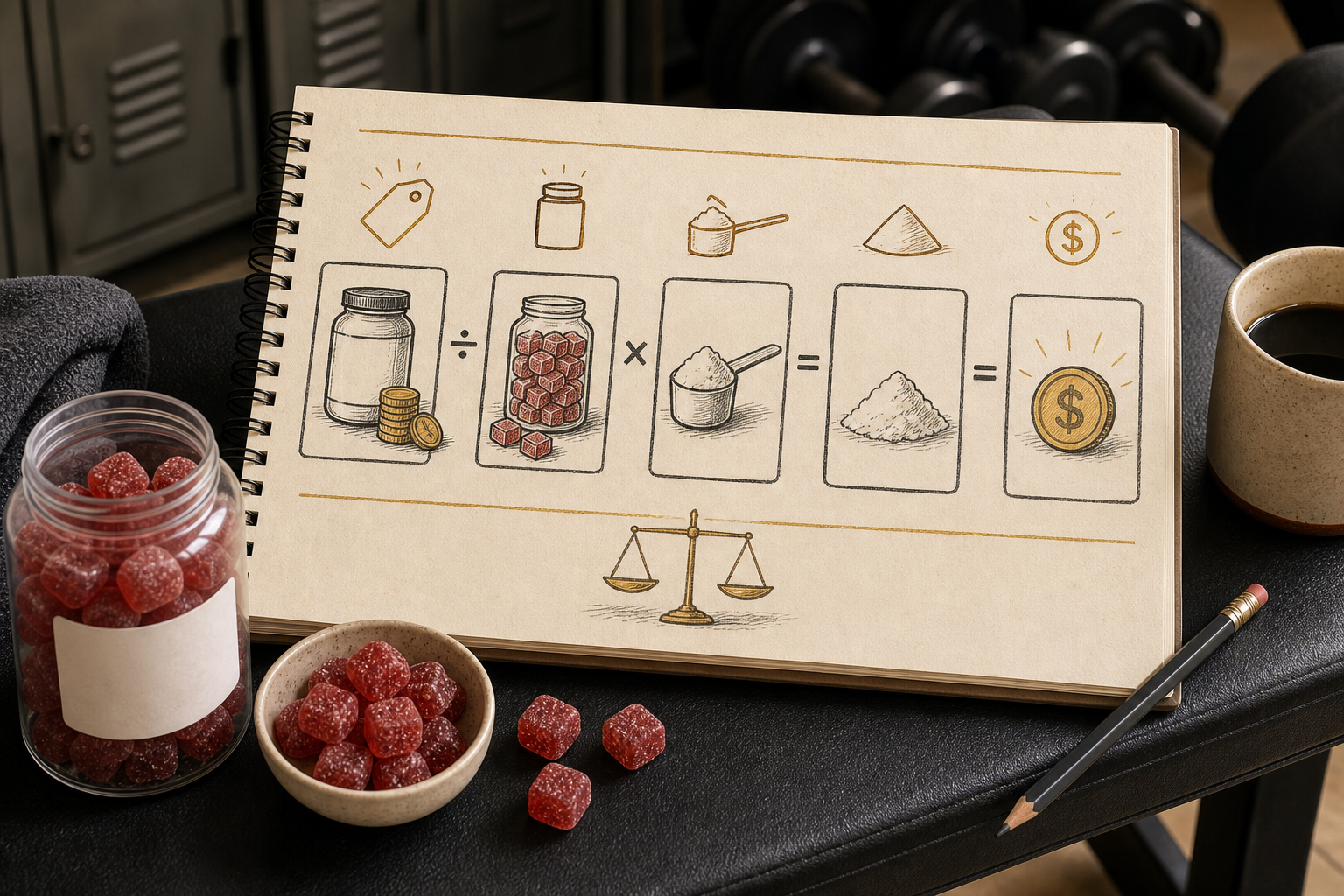 Hand drawn buyer worksheet showing icon based formula for creatine gummy cost per gram