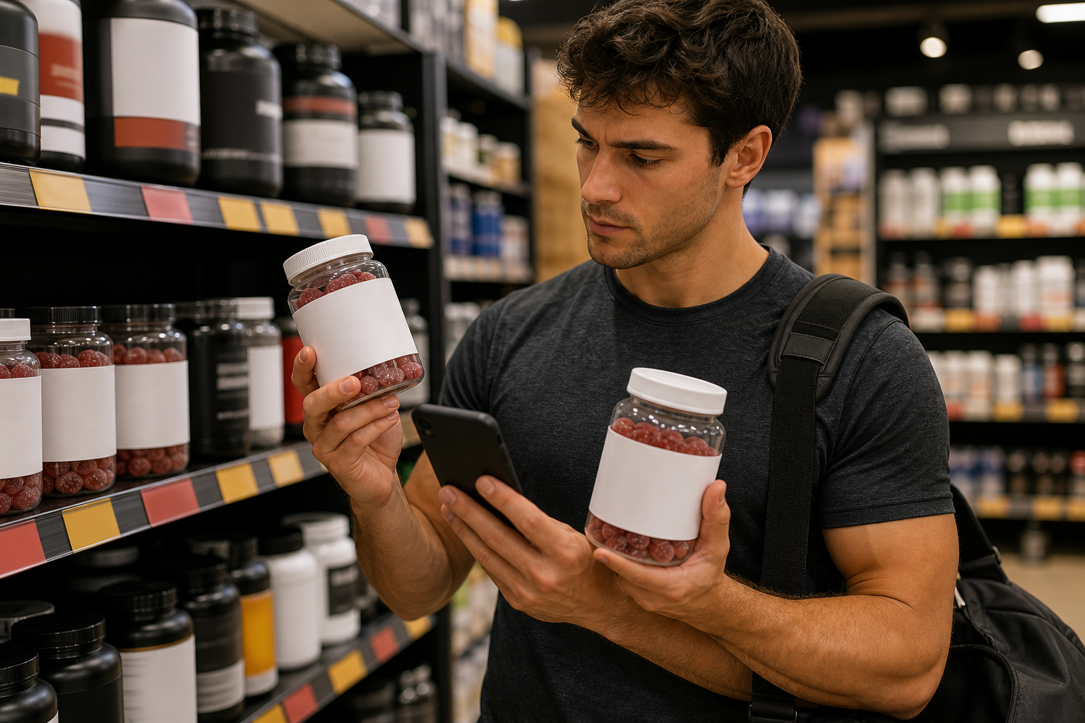Shopper comparing two creatine gummy bottles with a phone calculator in a supplement store