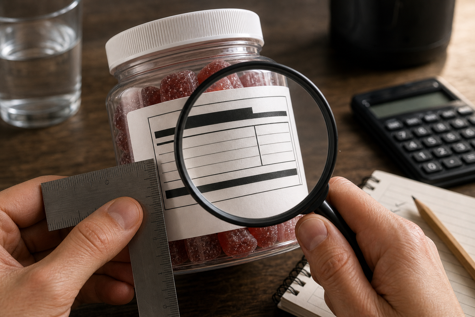 Closeup of creatine gummy supplement facts label inspection with magnifying glass ruler and calculator